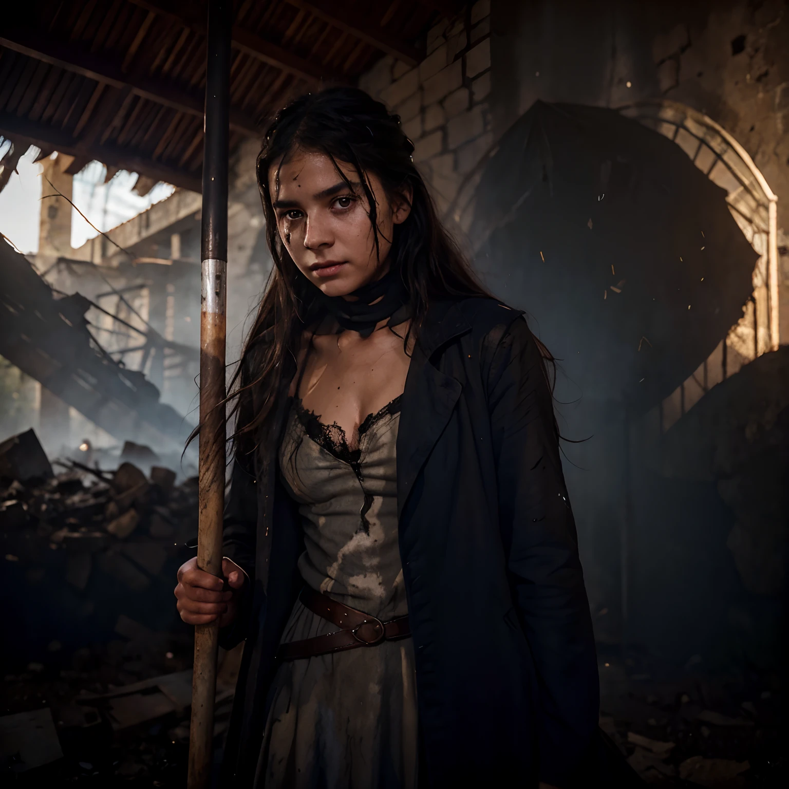 Determined Young Girl, les cheveux en bataille, with a torn dress and soot on his face after fighting. She holds a magic staff in her hand and looks at Umbrine with a confident look. Traverse une portail magique
