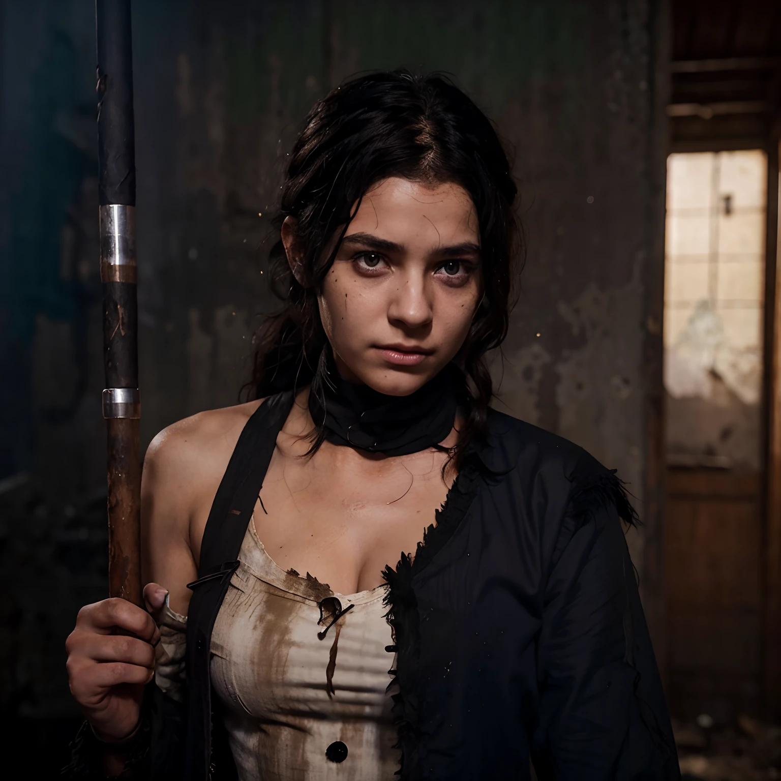Determined Young Girl, les cheveux en bataille, with a torn dress and soot on his face after fighting. She holds a magic staff in her hand and looks at Umbrine with a confident look.