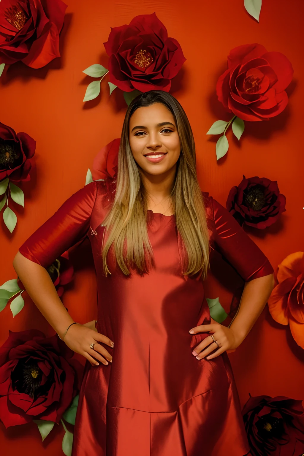 uma mulher em um vestido vermelho em frente a uma parede de flores de papel, foto de retrato de um pano de fundo, na frente do fundo branco, imagem profissional, imagem de perfil, Lorena Avarez, Malika Favre, fernanda suarez, foto de perfil headshot, no fundo vermelho, Flores no fundo, by Amelia Peláez, foto de perfil profissional, Caroline Gariba