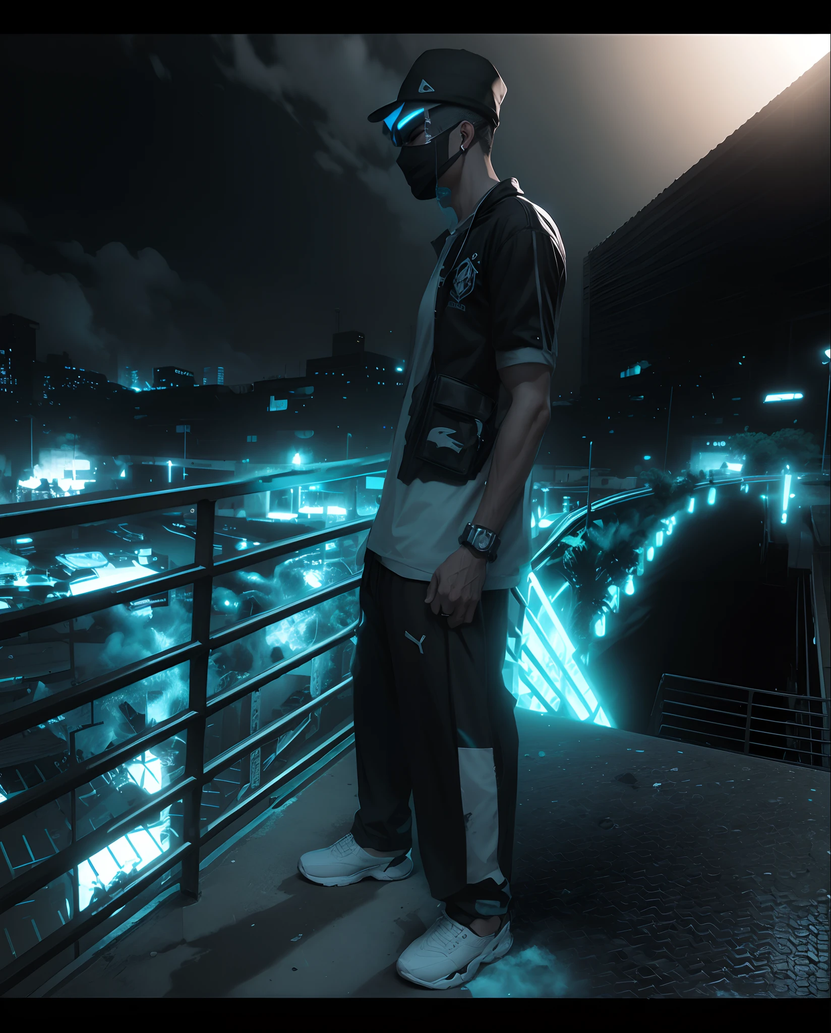 Personagem estilo ciberpunk, Wearing cap and black mask with a white effects