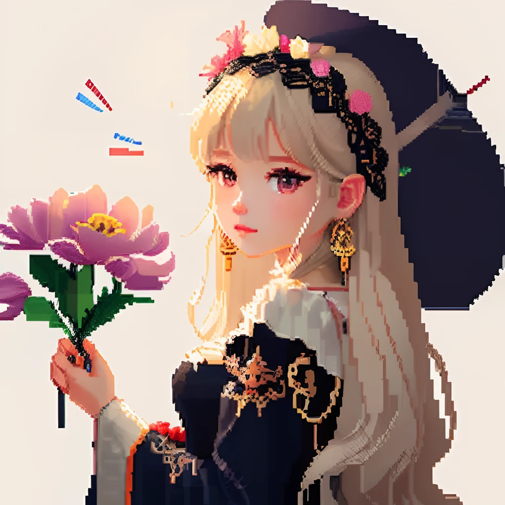 She was dressed like an ornate jewel,large earring、Lots of flowers、 Gothic white、Colorful Floral Decoration Costumes、Girl with long hair in a dull light brown color、Look back and look at this.、Pixel art、Pixel Art Illustration、pixels、Plain background、Upper body、For icons、pixels_Art Book,Composition centered on the face、Lily flower headdress、Katyusha、pixels、Game-style illustration、Pixel art、pixels、without background、The background is one color beige、pixels、Large anemone flower ornament、Loose fluffy