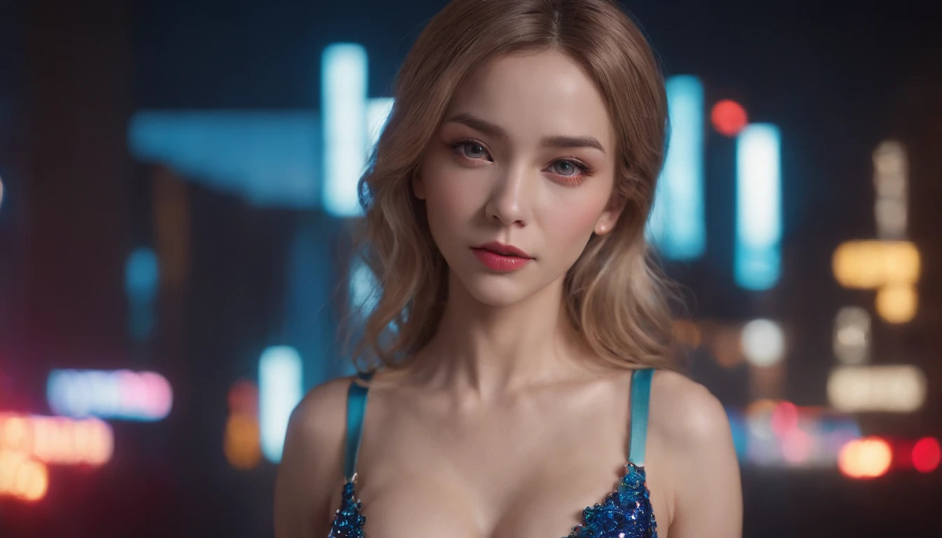 A shy face with red cheeks sexywoman(woman'sPosition on the right side of the screen) Realistic character,coiffed blonde hair, Sequin Dresses(color/skyblue),Show the chest,Blue eyes, anime big breast, Alone, modern, cyber punk perssonage,fully body photo((midynight, Need, 8K, masterpiece:1.3)), full bodyesbian, Long legs, Focalors:1.2, perfect figure beautiful woman:1.4, Slim abs:1.1, ((Dark brown hair, huge tit:1.2 )), (standing on your feet:1.2), ((Newyork City Night Neon lights in colorful buildings、scene, the roof:1.3)), Highly detailed facial and skin texture,, A detailed eye, 二重まぶた
