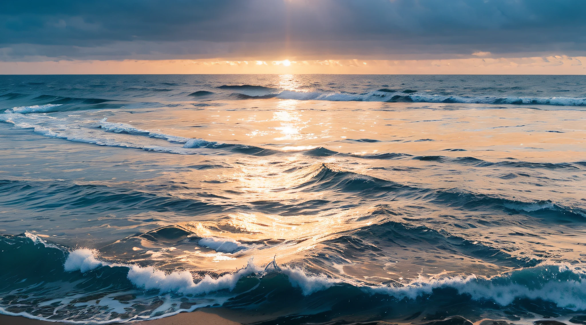 An endless ocean as far as the eye can see，A fresh breeze blows across the ocean，A ripple ripples on the ocean，Ripples shimmer