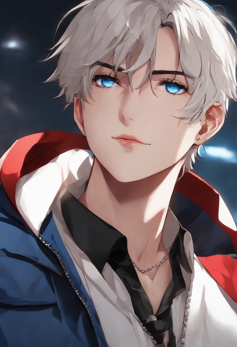 (best quality,4k,8k,highres,masterpiece:1.2),ultra-detailed,realistic:1.37,colorful anime boy wearing a black jacket and white shirt,red and blue jackets,anime style 4k,bad boy anime 8k,anime art style that captures emotion,high-quality anime art style,anime art wallpaper 8k,anime art wallpaper 4k,anime guy, tall anime guy with blue eyes,anime wallpaper 4k"
