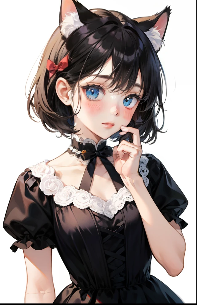 girl with、Background white、without background、Black hair、short-cut、with blush cheeks、Embarrassing、Black Dress、Cat's ears、frilld、bow ribbon、kawaii、without background