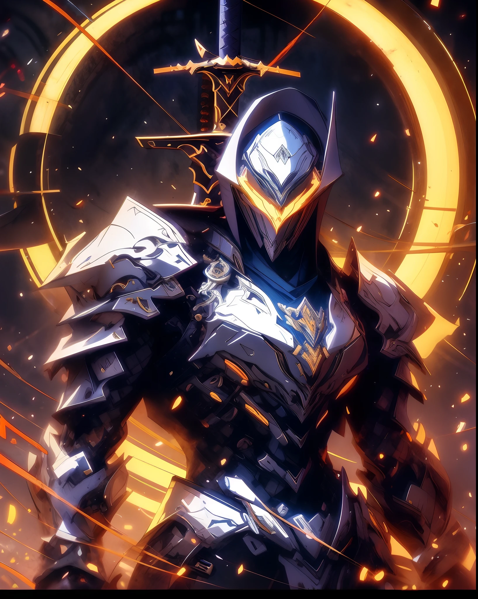 knight with a sword in a city, darksiders art style, 2. 5 d cgi anime fantasy artwork, badass anime 8 k, anime epic artwork, style of raymond swanland, portrait of ninja slayer, by Yang J, darksiders style, ares with heavy armor and sword, guilty gear strive splash art, from arknights