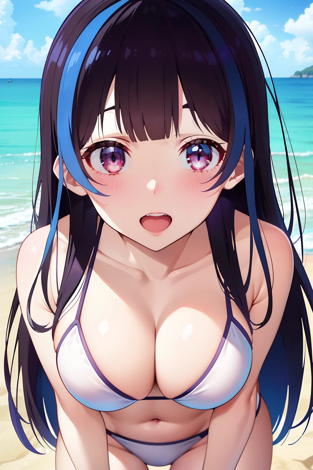 Minya Johnson, Mini Yaemori, Long hair, Bangs, Black hair, Blue hair, (Purple eyes:1.1), multicolored hair, Blunt bangs, striated hair, Ahoge,looking at the viewers,BREAK (masutepiece:1.2), Best Quality, High resolution, Unity 8k壁纸, (Illustration:0.8), (Beautiful detailed eyes:1.6), extra detailed face, Perfect Lighting, extremely details CG, (Perfect hands, Perfect Anatomy),Naughty big、 (a white bikini:1.3)、(the beach:1.3)、cowboy  shot、thighs thighs thighs thighs、Smile with open mouth、double tooth、show the grinps、