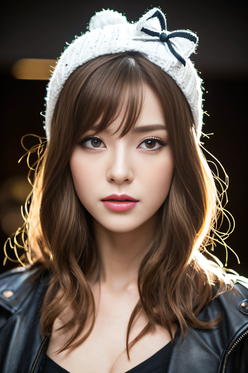 Starry eyes, It looks even more beautiful than immortal, Ahoge, hair, star-shaped pupils, Amber eyes, colored contact lenses, blush, high detailing, Anime, romanticism, Modern, Gothic art, Anime style, Film Lighting, Ray tracing, Motionry, close-up, Sony FE GM, nffsw, high detailing, of the highest quality, 8K, Big breasts, light brown hair, hat, Twin-tailed, Clean fingers, Well-formed fingers, Long jacket, bow ribbon, mystery, knit hat, Snow, irate, impatience