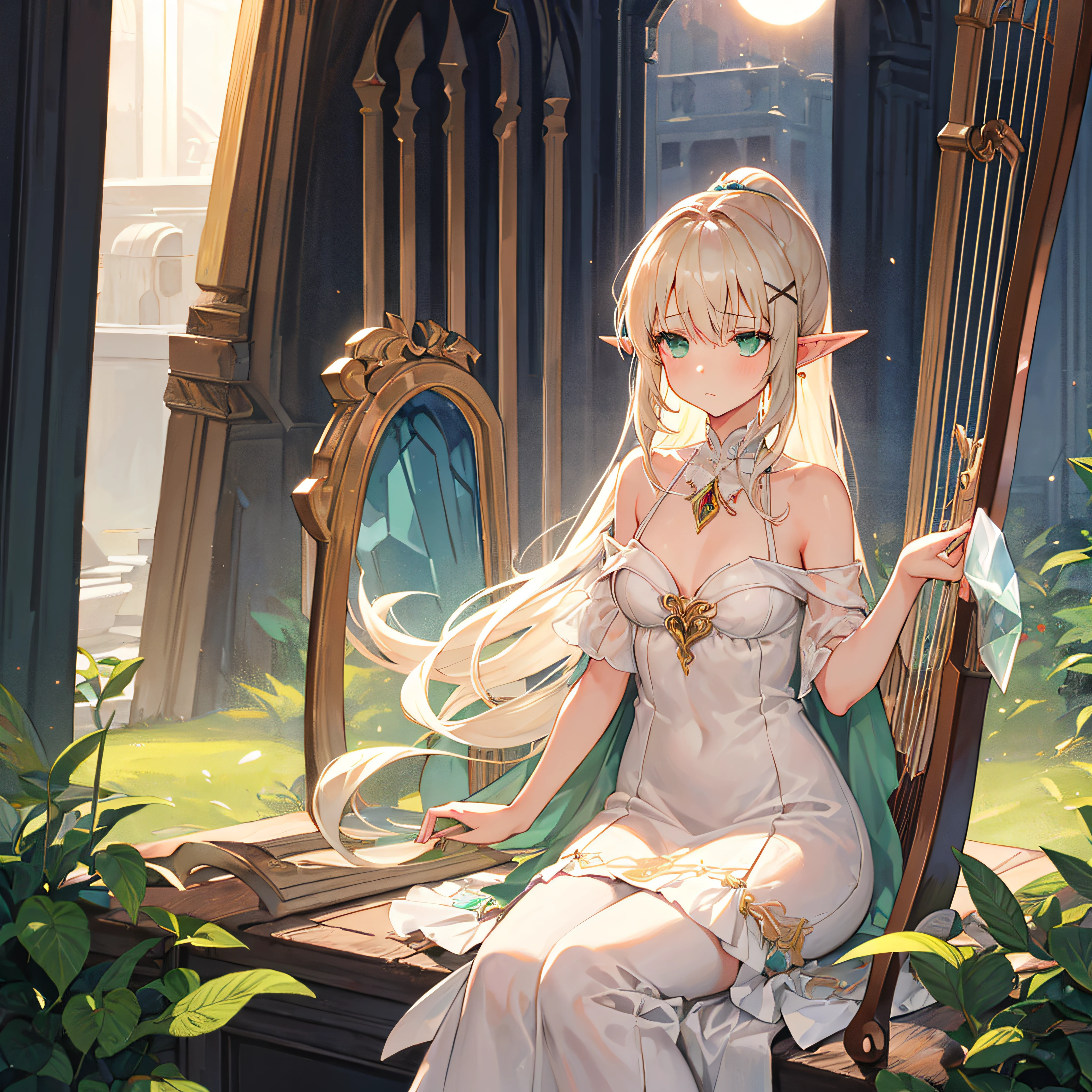 1 girl, platinum blonde hair, mint green eyes, sun-dress, chapel, x-shaped crystal on chest, blank empty expression, emotionless, sitting on an alter, hair tied in a high ponytail, playing the harp, long hair, seer of the narrative, the storyteller, the narrator, elf ears