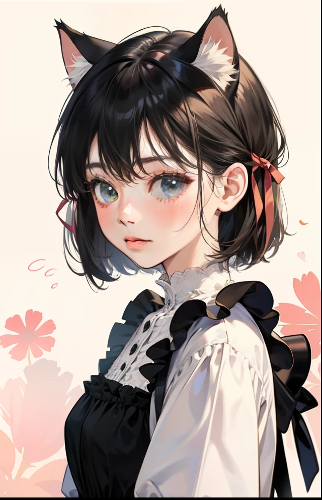 girl with、Background white、without background、Black hair、short-cut、with blush cheeks、Embarrassing、Black Dress、Cat's ears、frilld、bow ribbon、kawaii、without background