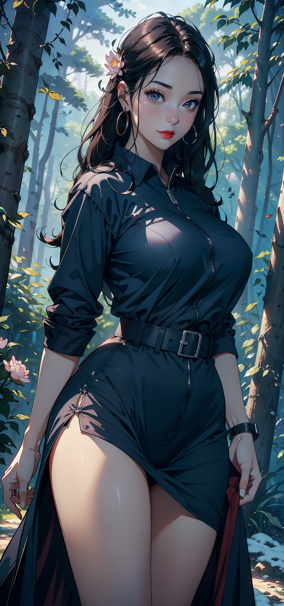1female,45 yers old,Married Woman,熟妇,mature,plumw,extremely large bosom,Big breasts Thin waist,long leges, 独奏,(Background with:Cherry blossom forest,ponds,lotus flower)Stand deep in the forest,Open your legs, She has long black hair,bobo head,,seen from the front, standing in forest, mostly cloudy sky,(((tmasterpiece),(Very detailed CG unity 8K wallpaper),best qualtiy,cinmatic lighting,detailed back ground,beatiful detailed eyes,Bright pupils,Black eyes,Snow-whiteskin,Redlip(Very fine and beautiful),(Beautiful and detailed eye description),ultra - detailed,tmasterpiece,))facing at camera,A high resolution,ultra - detailed),laughingly,, Bulge,legs are open,Raised sexy,Camel toes,Flushed complexion,Desire for dissatisfaction,frontage,miltary,Navy(Wearing:,Blue military uniform,Officer uniform)