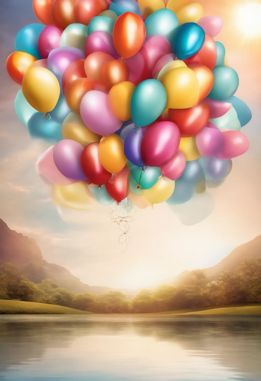 card with balloons, , realistic, vibrant colors, written "PARABENS " 3D