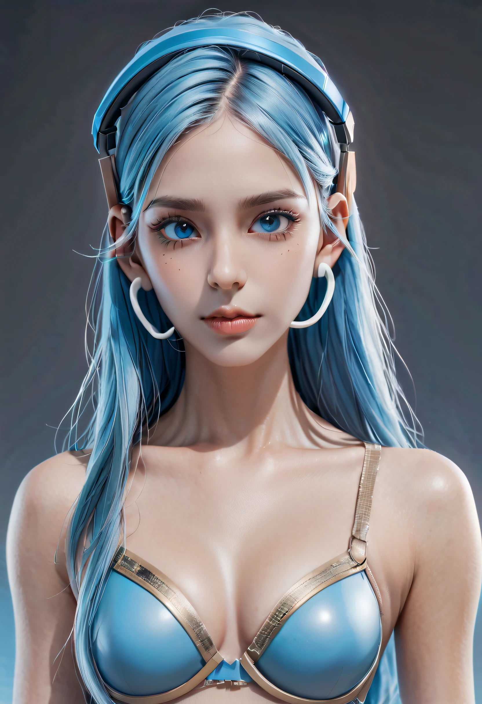 girl with long blue hair, blue eyes, futuristic vibes, mask on mouth, headphones, 8k, high quality, simple background, glowing eyes, nice pose