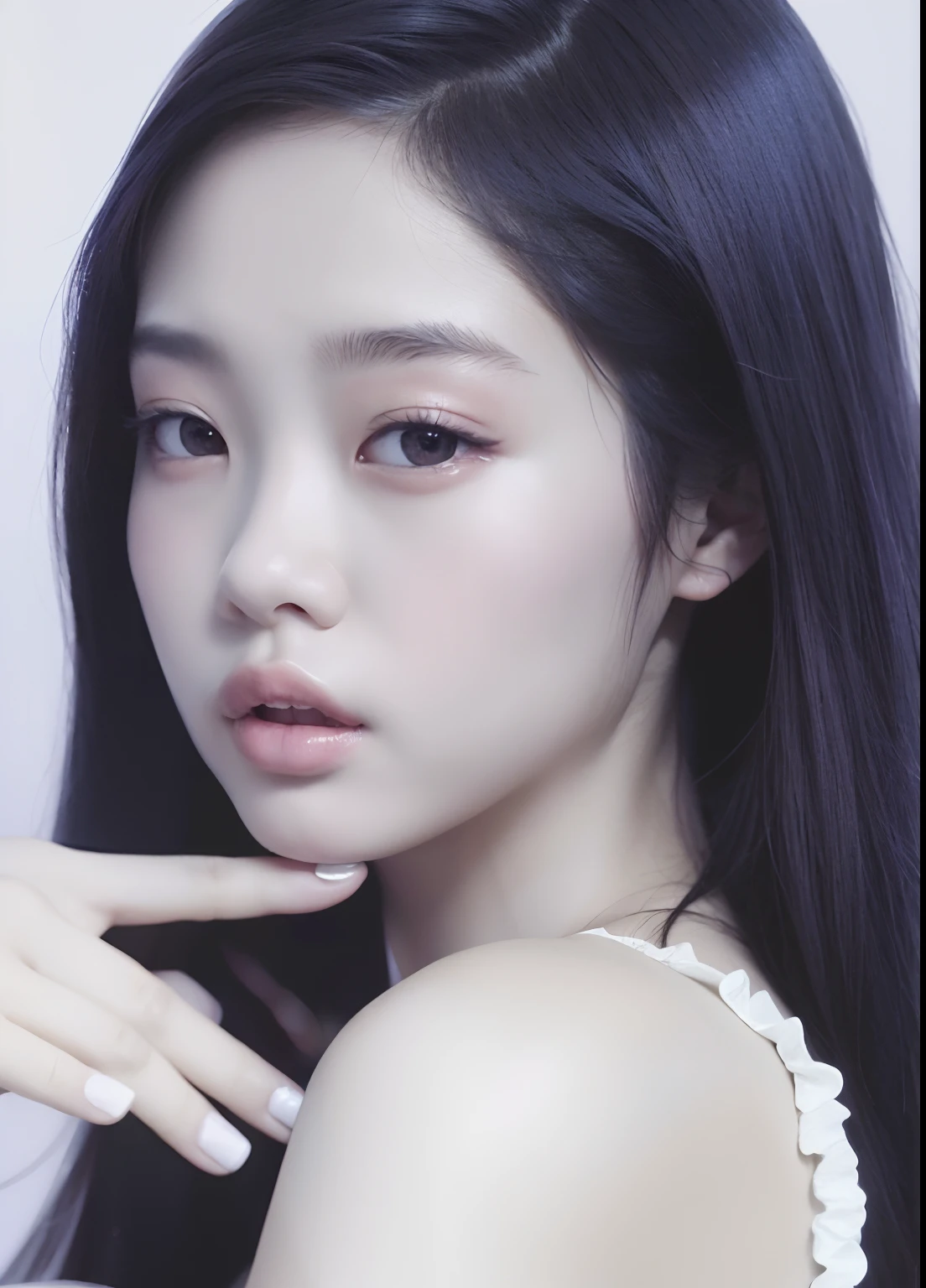 um close up de uma mulher com longos cabelos pretos e um vestido branco, jennie blackpink, Lee Ji - Eun, Jiyun Chae, Lee Ji-eun, kwak ji jovem, Parque Ji-min, Jaeyeon Nam, Seseon Yoon, Gongbi, Jingna Zhang, Kim Hyun Joo, Jinyoung Canela, Heonhwa Choe