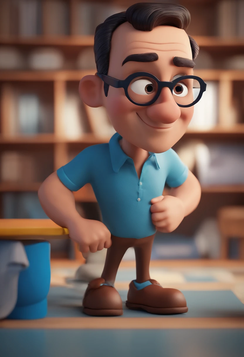 Cartoon character of a man with black glasses and a blue shirt, animation character, Caractere estilizado, animation style rendering, 3D estilizado, Arnold Maya render, 3 d render stylized, toon render keyshot, Personagem 3D, Personagem 3D, 3d rendering stylized, 3 d character render, personagem de desenho animado, Personagem de close up, Pose de personagem, (Estilo Pixar) (master part:1.2) (Bokeh) (best quality) (pele detalhada) (textura detalhada) (8k) (argila) (Cinematic lighting) (foco nítido