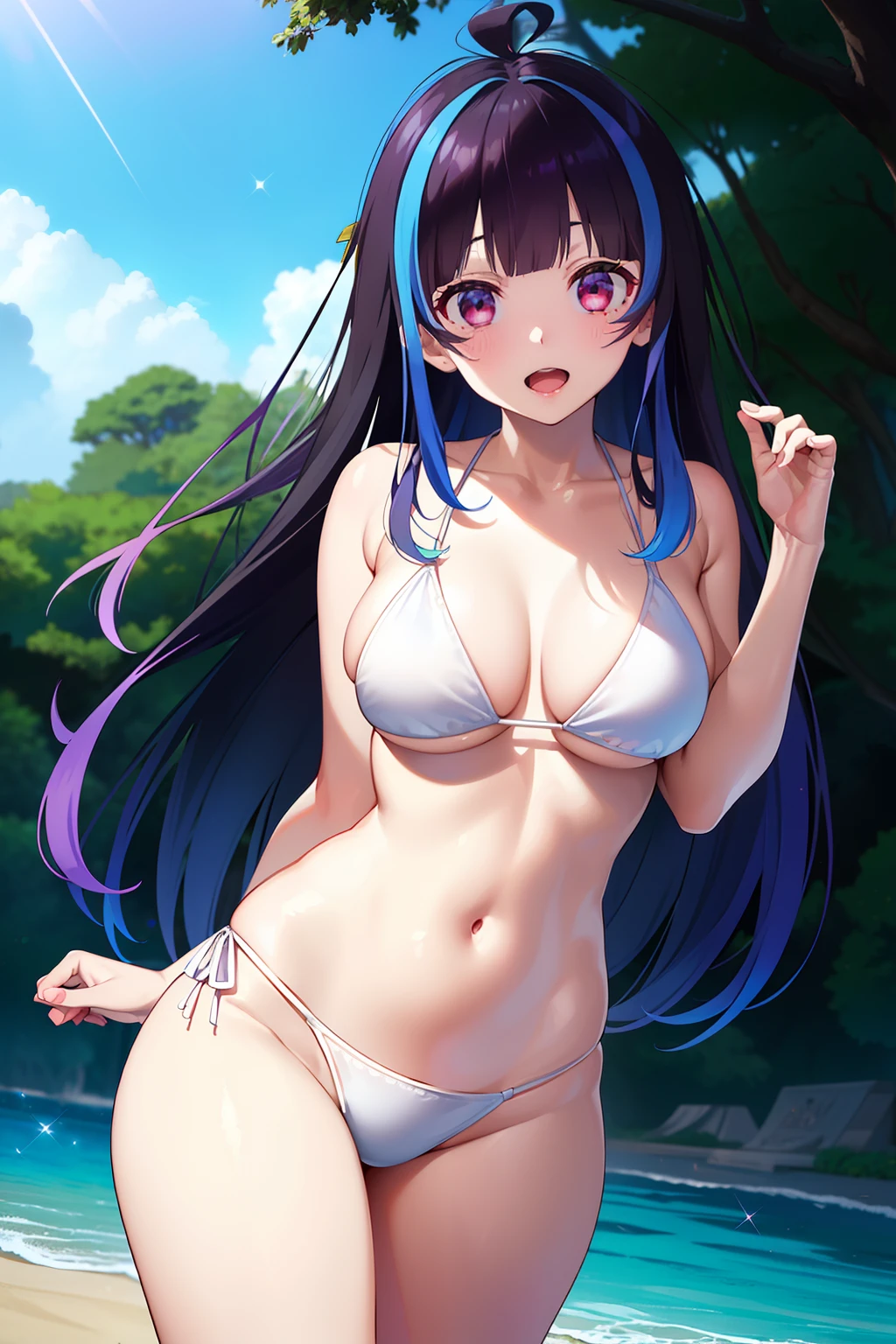 Minya Johnson, Mini Yaemori, Long hair, Bangs, Black hair, Blue hair, (Purple eyes:1.1), multicolored hair, Blunt bangs, striated hair, Ahoge,looking at the viewers,BREAK (masutepiece:1.2), Best Quality, High resolution, Unity 8k壁纸, (Illustration:0.8), (Beautiful detailed eyes:1.6), extra detailed face, Perfect Lighting, extremely details CG, (Perfect hands, Perfect Anatomy),Naughty big、 (a white bikini:1.3)、(the beach:1.3)、cowboy  shot、thighs thighs thighs thighs、Smile with open mouth、double tooth、show the grinps、