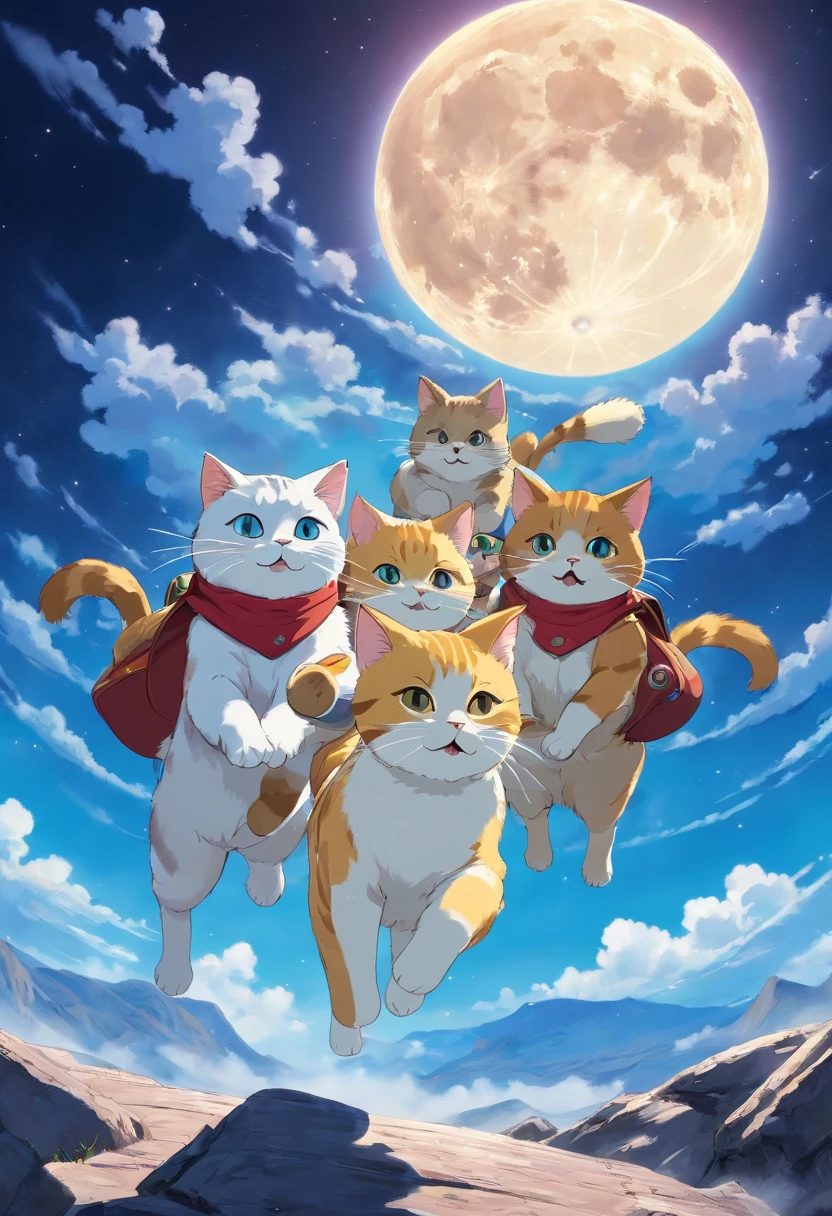 There are three cats running on the moon,Blue sky in the background