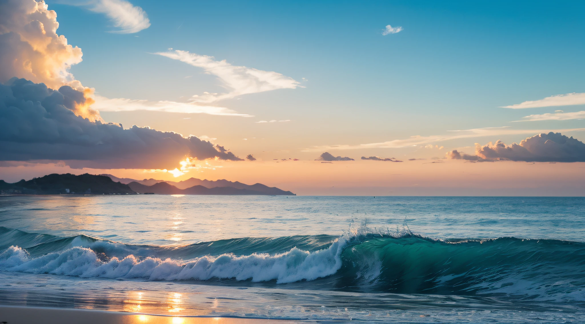 An endless ocean as far as the eye can see，A fresh breeze blows across the ocean，A ripple ripples on the ocean，Ripples shimmer