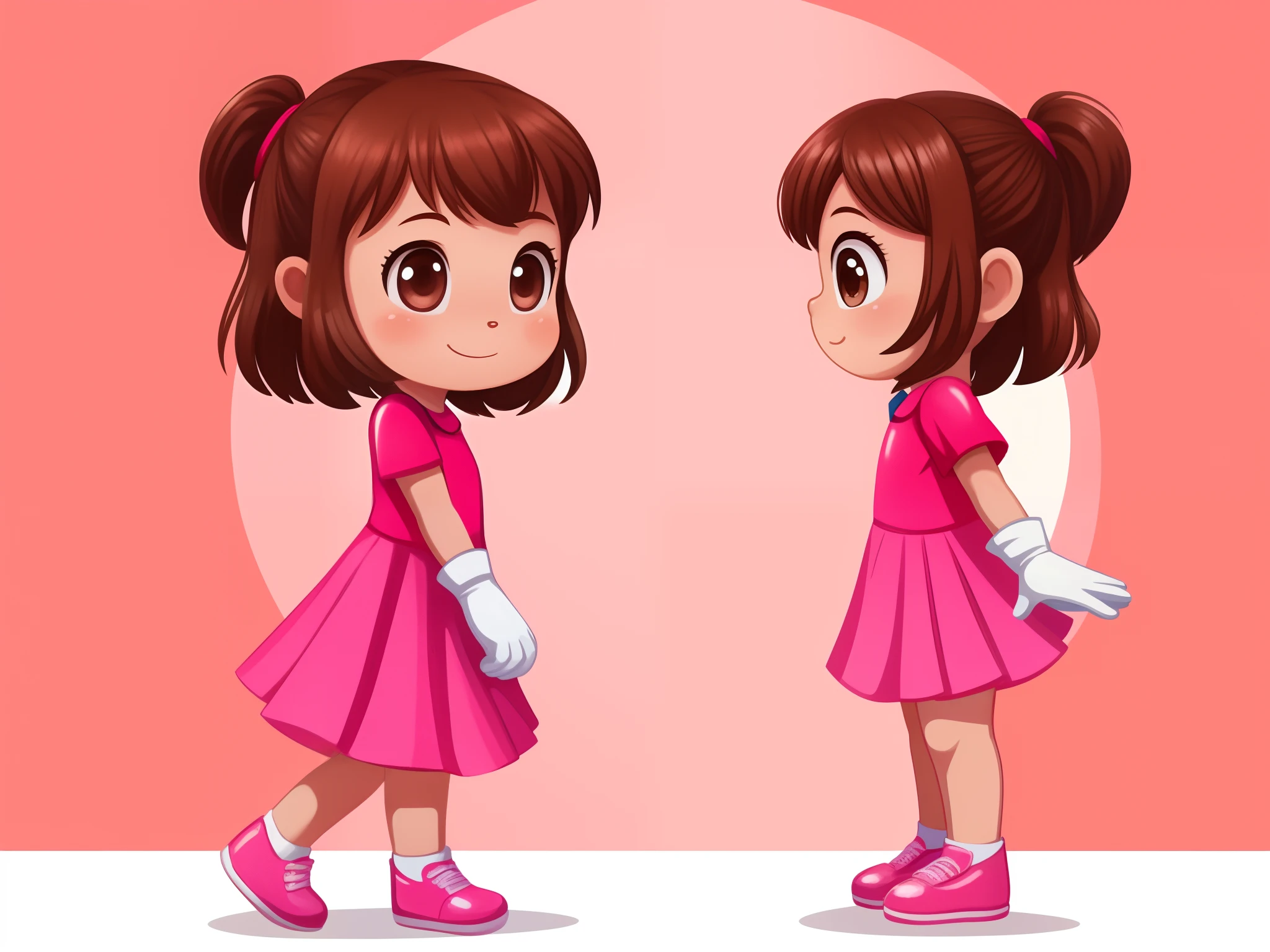 Profile image of a 5 girl, standing, with brown hair, brown eyes, pink cheeks, clean background, pink dress, white gloves, pink shoes, 2D children's illustration style.