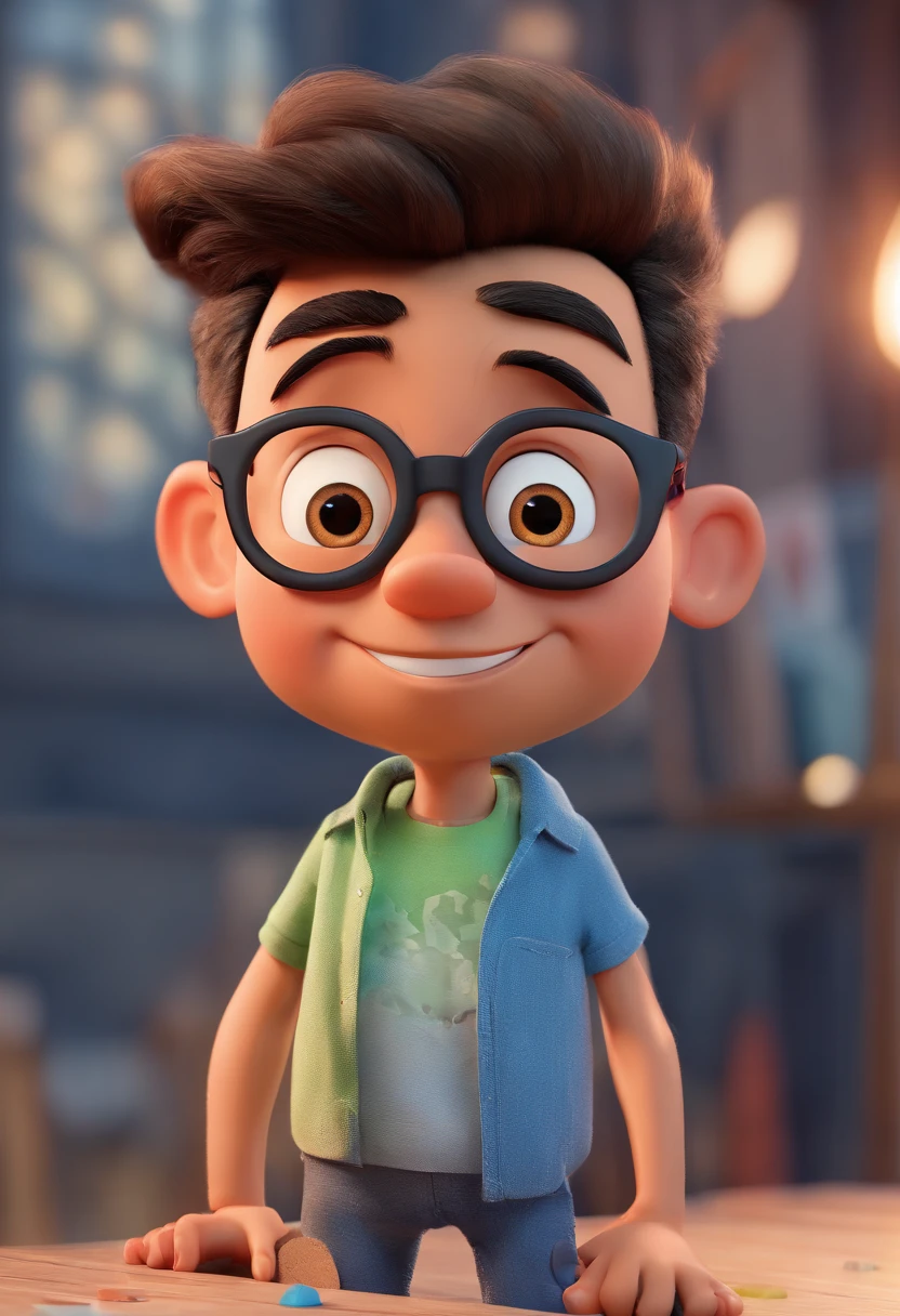 Cartoon character of a man with black glasses and a blue shirt, animation character, Caractere estilizado, animation style rendering, 3D estilizado, Arnold Maya render, 3 d render stylized, toon render keyshot, Personagem 3D, Personagem 3D, 3d rendering stylized, 3 d character render, personagem de desenho animado, Personagem de close up, Pose de personagem,  (Estilo Pixar) (master part:1.2) (Bokeh) (best quality) (pele detalhada) (textura detalhada) (8k) (argila) (Cinematic lighting) (foco nítido