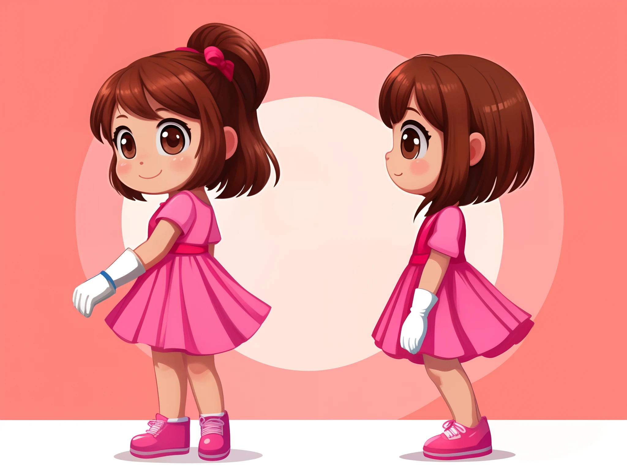 Profile image of a 5 girl, standing, with brown hair, brown eyes, pink cheeks, clean background, pink dress, white gloves, pink shoes, 2D children's illustration style.