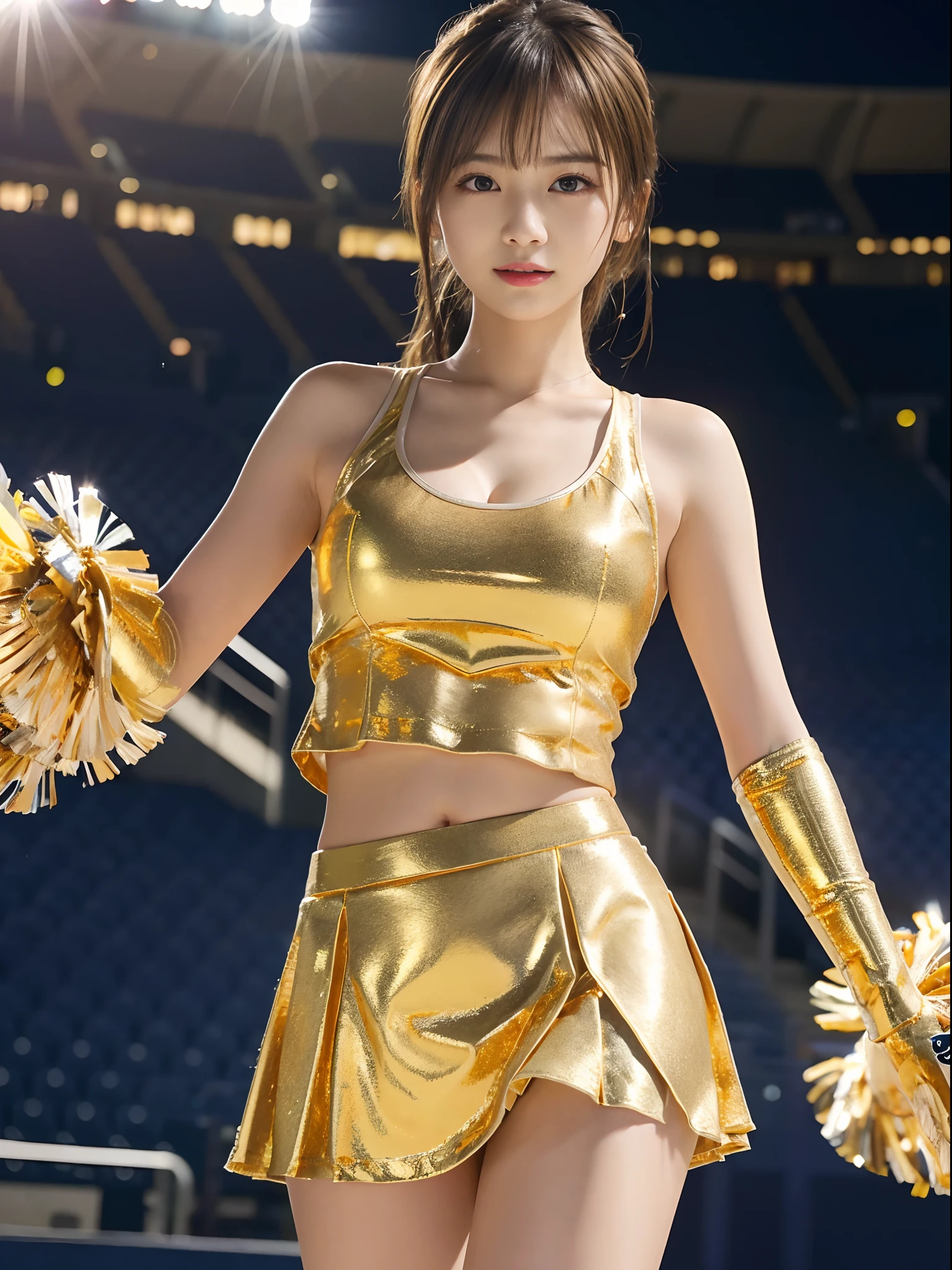 (((top-quality、8K、photographrealistic:1.4、masterpiece)))、Back lighting、Highly detailed facial texture woman、18year old、(((Gold Cheerleader:1.2)))、((Stadium Background:1.2))、with arms up、A smile、open open mouth、Shiny blonde hair and long hairstyle、a blond。long。Parted sleeves, bare shoulders, Center opening, cleavage of the breast, Central chest、bow ribbon。Twin-tailed。raise her legs。Raise one leg。dance。