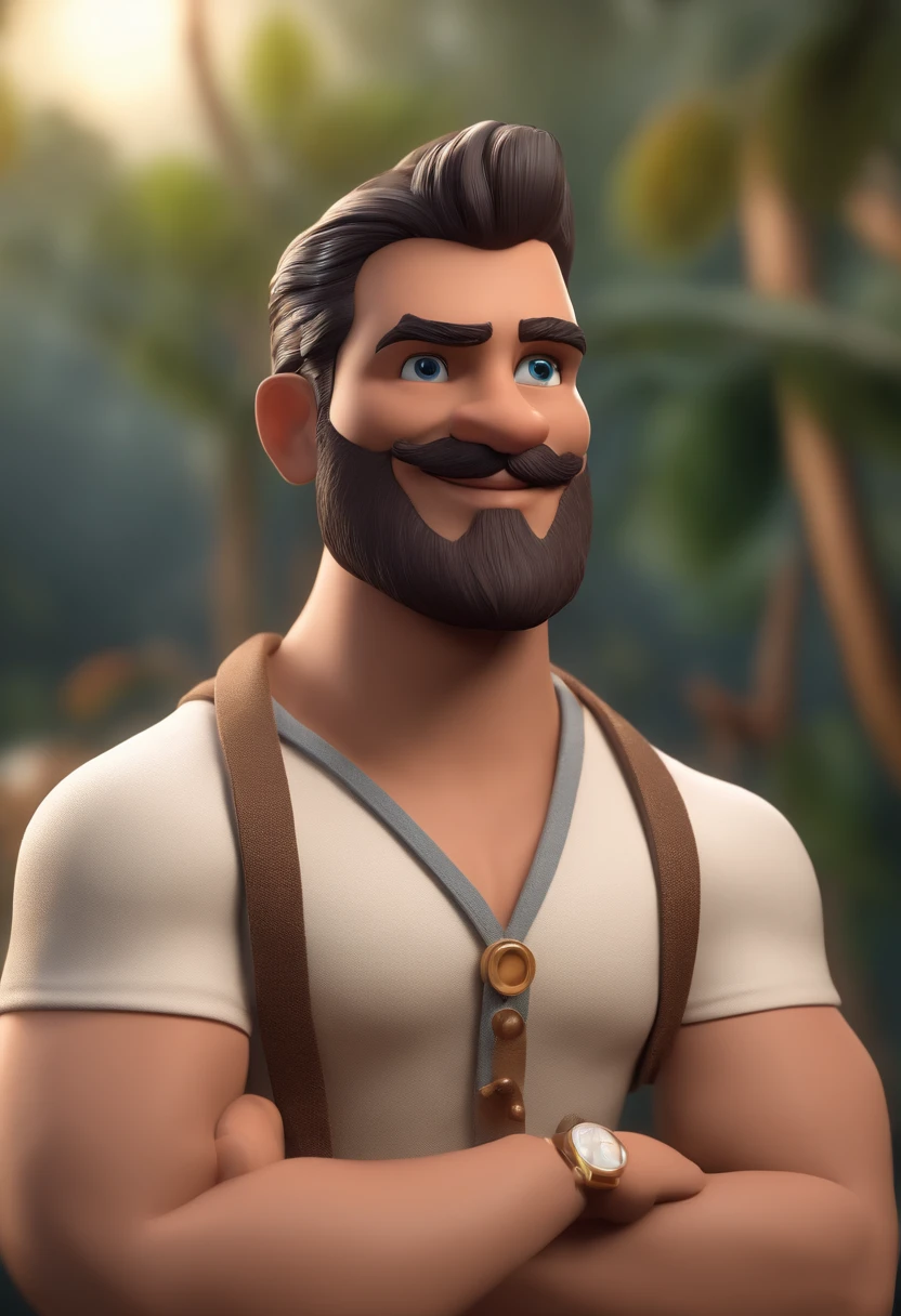 Personagem de desenho animado de um homem com barba no queixo, usando uma camisa azul, um personagem animado, Caractere estilizado, animation style rendering, 3D estilizado, Arnold Maya render, 3 d render stylized, toon render keyshot, Personagem 3D, Personagem 3D, 3d rendering stylized, 3 d character render, personagem de desenho animado, Personagem de close up, Pose de personagem, (Estilo Pixar) (master part:1.2) (Bokeh) (best quality) (pele detalhada) (textura detalhada) (8k) (argila) (Cinematic lighting) (foco nítido，Senta e vaza a parte superior do corpo
