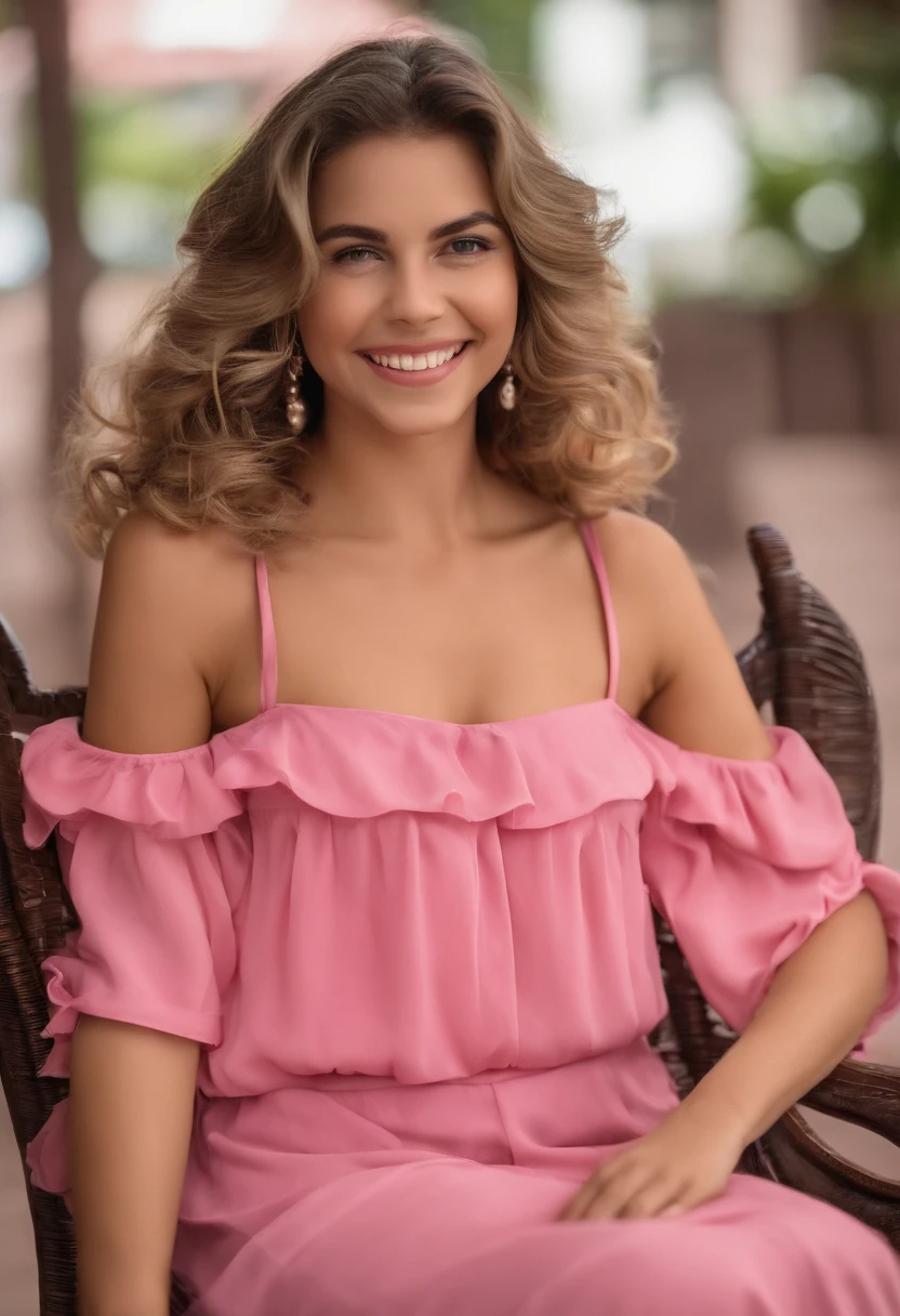 There's a girl sitting on a pink chair with a pink shirt, babies in her lap, she is smiling and excited, sentado na cadeira, muito animado, she is smiling and happy, sentado em uma cadeira, sentado em uma cadeira, ela expressando alegria, divertindo-se, Sentado na cadeira, with a happy expression, Violeta Myers, garotinho, cabrito