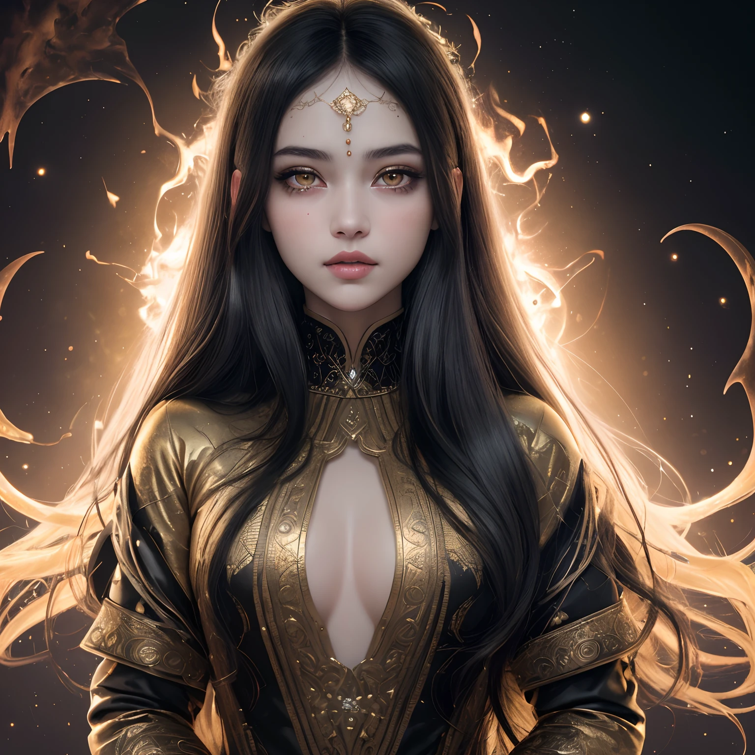 (best quality, highres, masterpiece:1.2), ultra-detailed, realistic:1.37, girl, girl 1 and girl 2, beautiful detailed eyes, beautiful detailed lips, extremely detailed eyes and face, long eyelashe, angel smile 1: golden dyed hair, angry demon 2: black dyed hair, unified half face mosaic, contrasting tones of brightness and darkness, contrasting ice and fire, particle explosion background, classic decorative border, watching magic circle