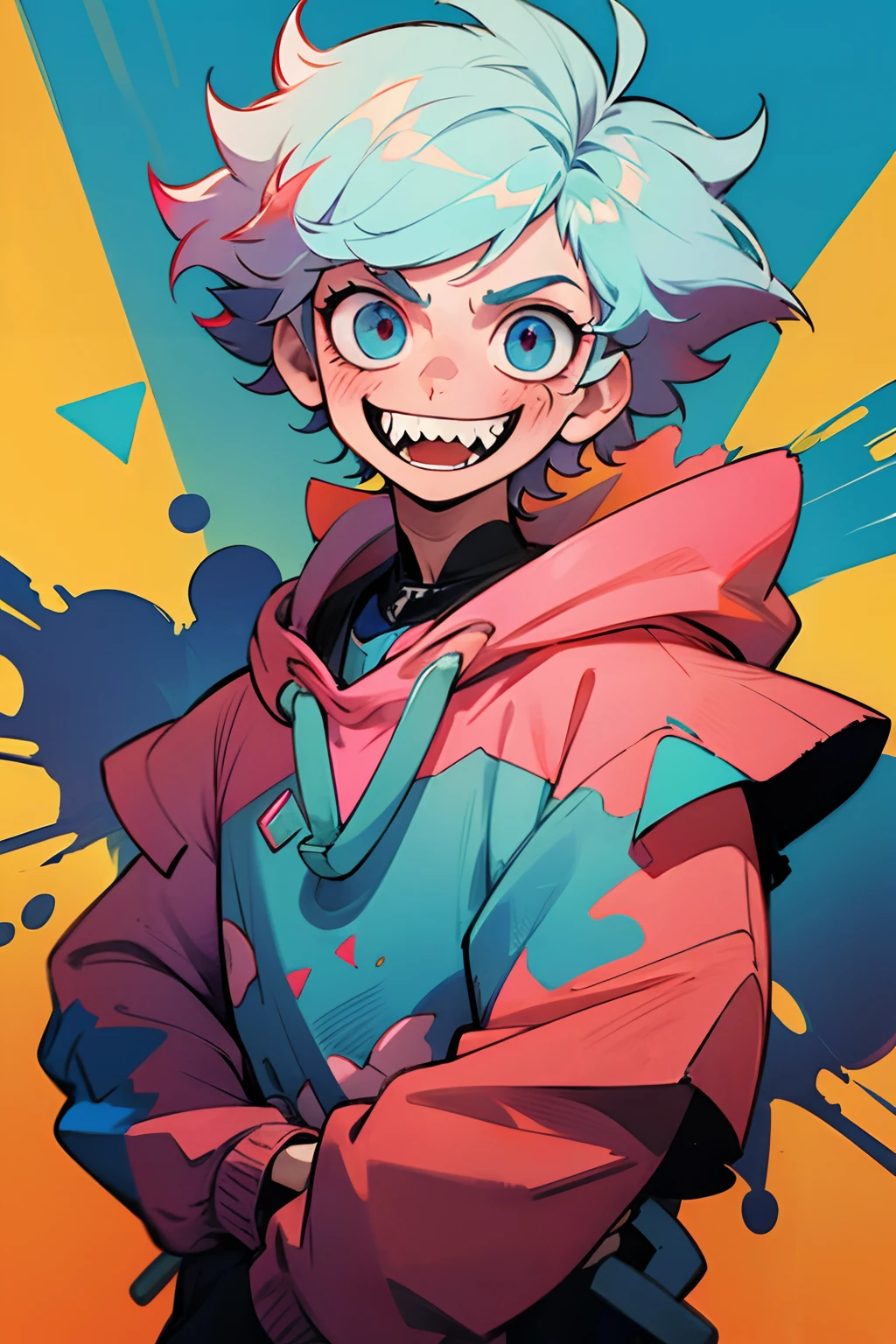 Pastel blue messy hair boy, 1boy, rizz smile face sharp teeth, Reebok Clothing, bright colors