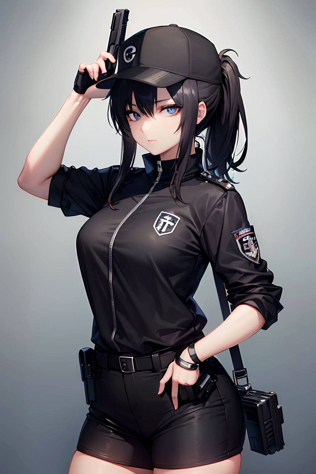 A woman with black hair and a ponytail and a black baseball cap in black swat uniform, ((holding a Glock at viewer)), ((perfect hands))