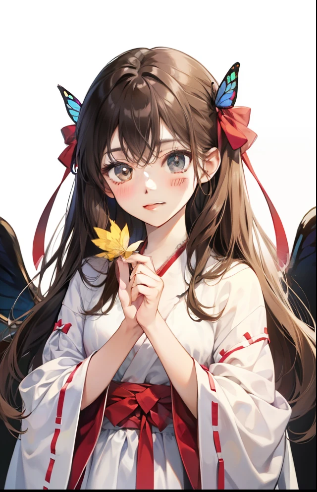girl with、Background white、without background、Brown hair、The long-haired、with blush cheeks、Embarrassing、robe blanche、butterflys々、Butterfly wings grow、frilld、bow ribbon、kawaii、without background