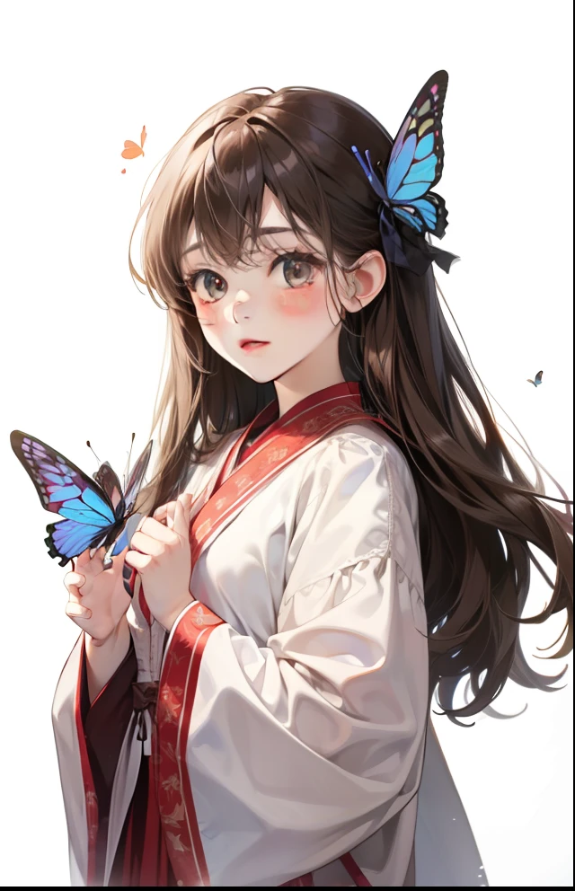 girl with、Background white、without background、Brown hair、The long-haired、with blush cheeks、Embarrassing、robe blanche、butterflys々、Butterfly wings grow、frilld、bow ribbon、kawaii、without background