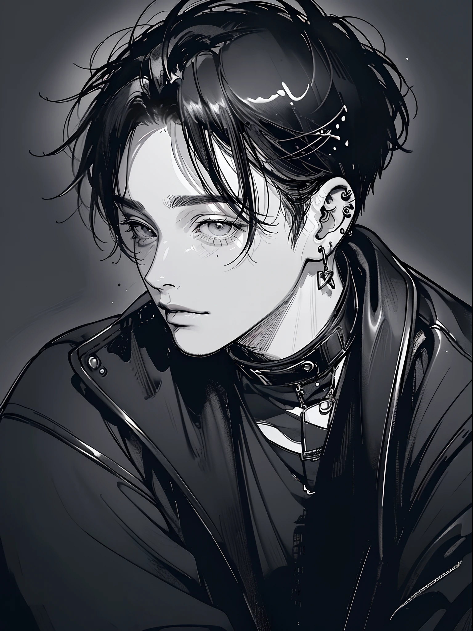 (4K works))、​masterpiece、(top-quality)、((Midnight Night Road))、Korean Male、Adult male、((Adult 50 years old))、((Adult uncle type))、((Leather Jeans Style))、((Face similar to Hyunjin))、Cool Men、tall、((Gentle face))、((Long sleeve long trouser style))、((Smaller face))、Slim body、(((short-haired)))、((shot from a side angle))、((profile))、((Shot alone))、((Solo Photography))、Professional Photos、((He is in front of the viewer))、((Monochrome photography))、((Upper body photography))、((Wear a lot of piercings))、((Icon Photo))、((Sick Boys))、((Mine Boys))
