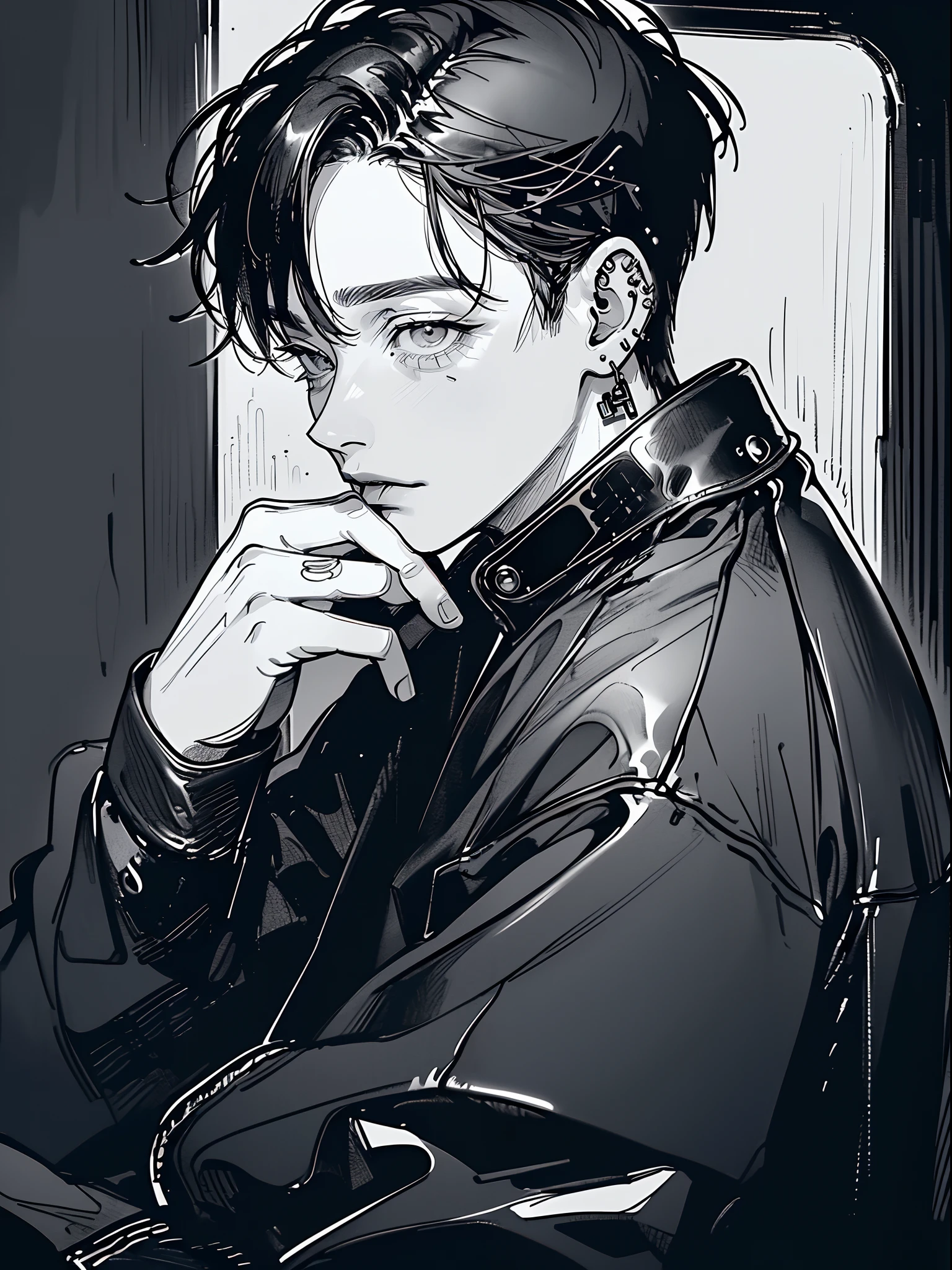 (4K works))、masterpiece、(top-quality)、((Midnight Night Road))、Korean Male、Adult male、((Adult 50 years old))、((Adult uncle type))、((Leather Jeans Style))、((Face similar to Hyunjin))、Cool Men、tall、((Gentle face))、((Long sleeve long trouser style))、((Smaller face))、Slim body、(((short-haired)))、((shot from a side angle))、((profile))、((Shot alone))、((Solo Photography))、Professional Photos、((He is in front of the viewer))、((Monochrome photography))、((Upper body photography))、((Wear a lot of piercings))、((Icon Photo))、((Sick Boys))、((Mine Boys))