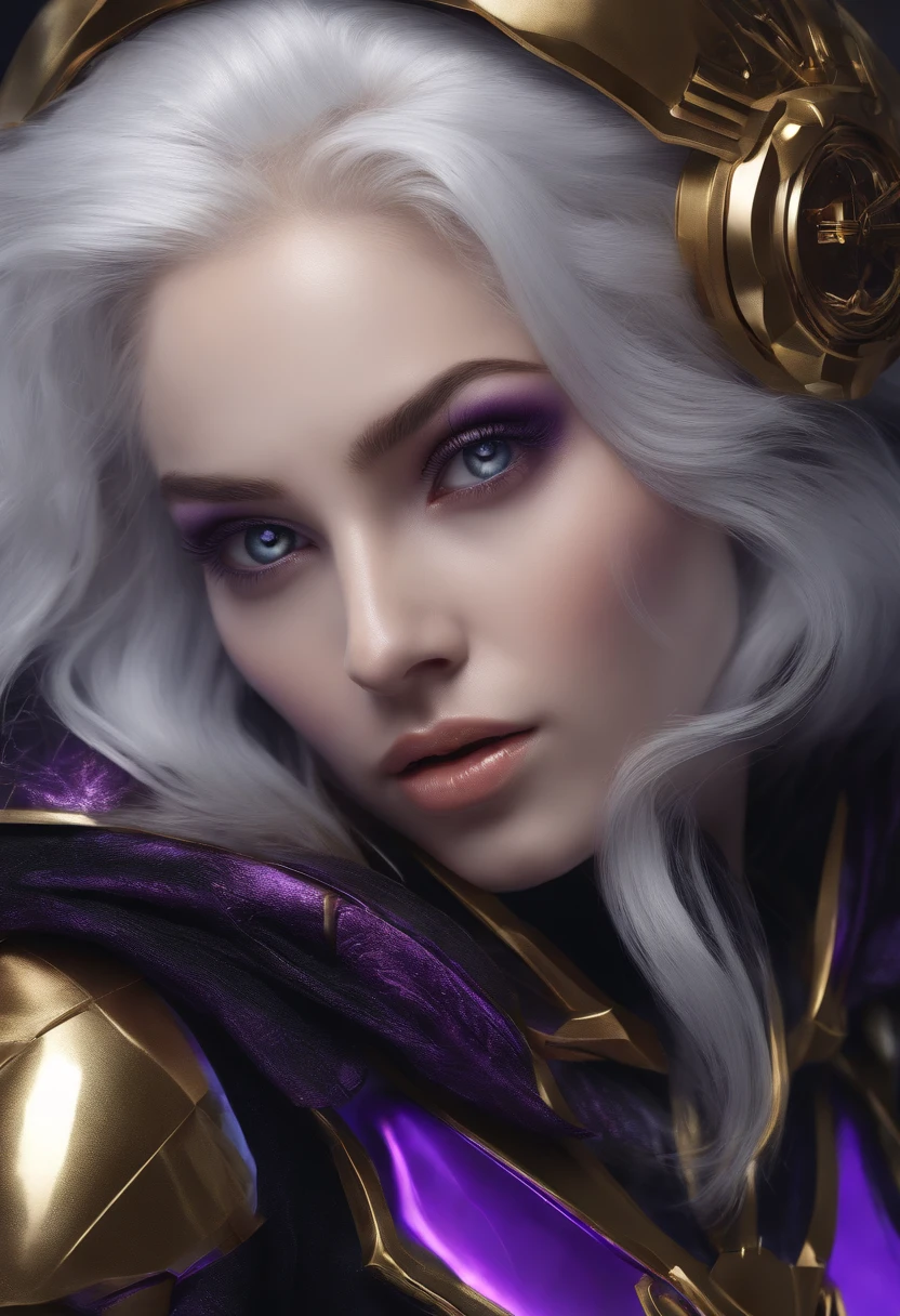 (best quality,ultra-detailed,realistic:1.37),portrait,purple color tone,golden accents,beautiful detailed eyes,flowing white hair,long eyelashes,black space suit