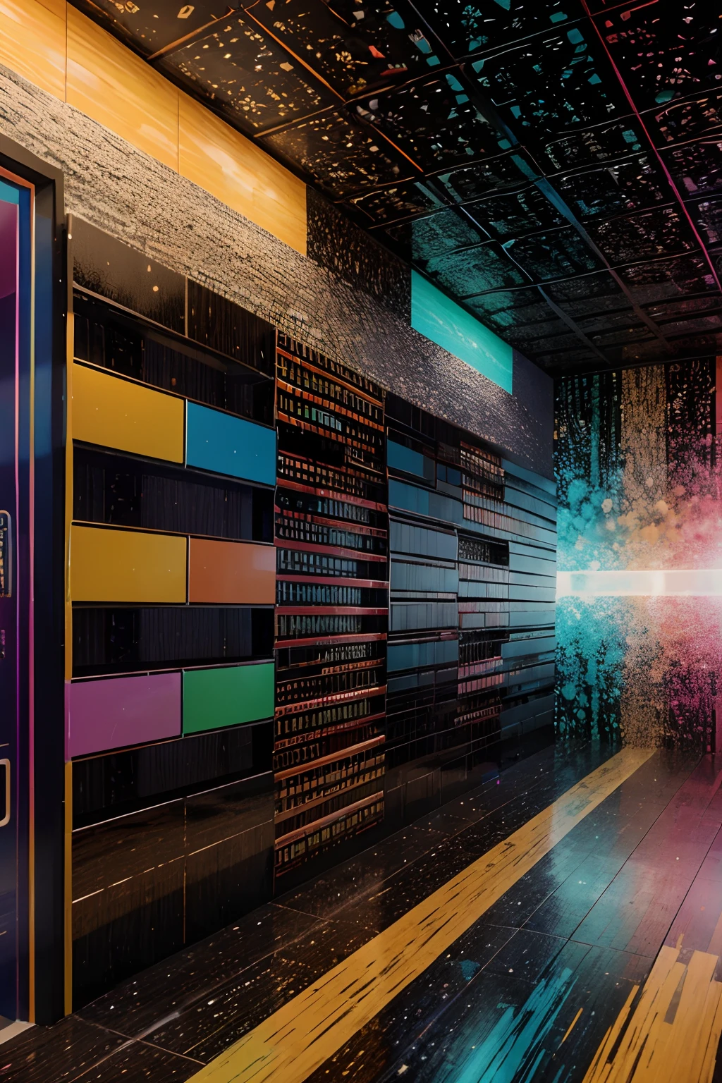 A Giant wall 30 ft tall and 1 mile long made of infinite number of Rectangular wood blocks with glossy plastic like colors going through Cosmos, with colorful 3D ink splashes all over it, product, vibrant, cinematic, photo, 3d render, poster, painting, anime