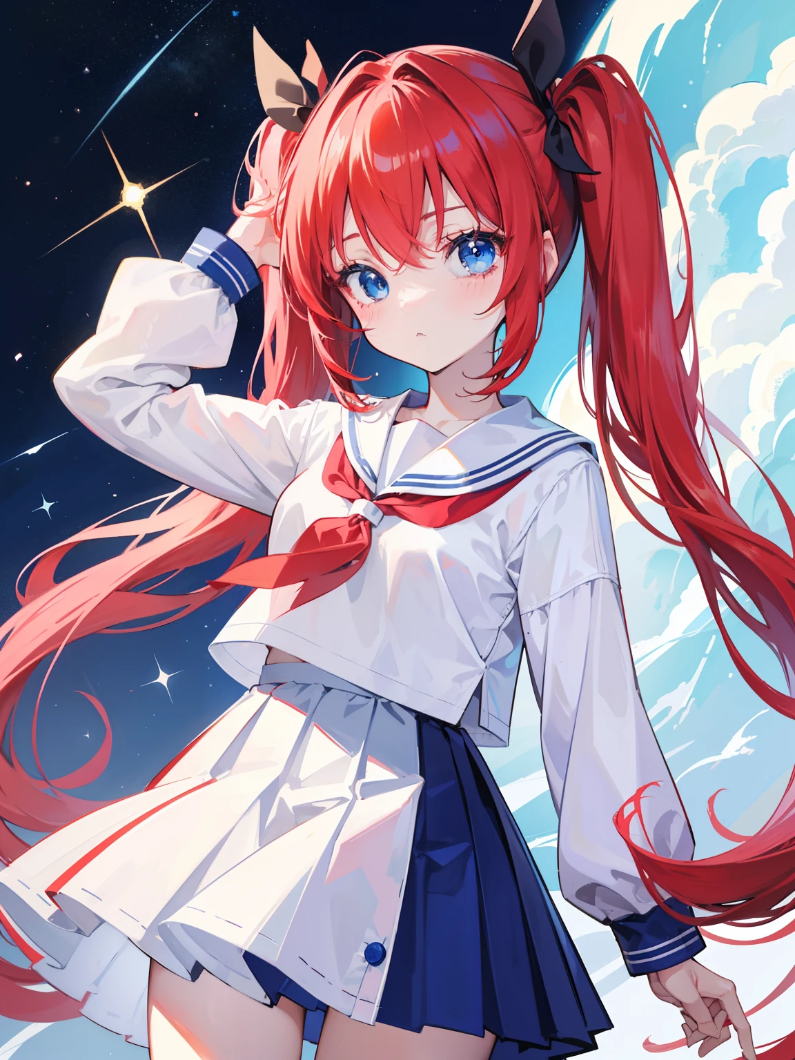{{best quality}}, {{masterpiece}}, {{ultra-detailed}}, {illustration}, {detailed light}, red hair, blue eyes, twintails, Sailor suit,Pleated skirt,cute face,,litt