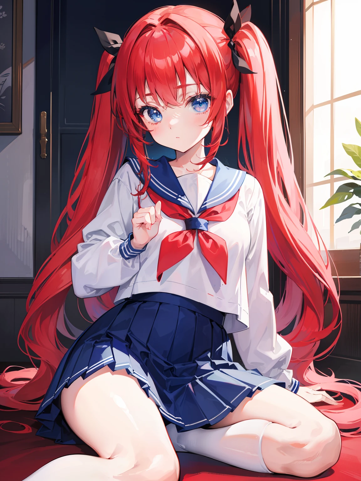 {{best quality}}, {{masterpiece}}, {{ultra-detailed}}, {illustration}, {detailed light}, red hair, blue eyes, twintails, Sailor suit,Pleated skirt,cute face,loli,little girl,