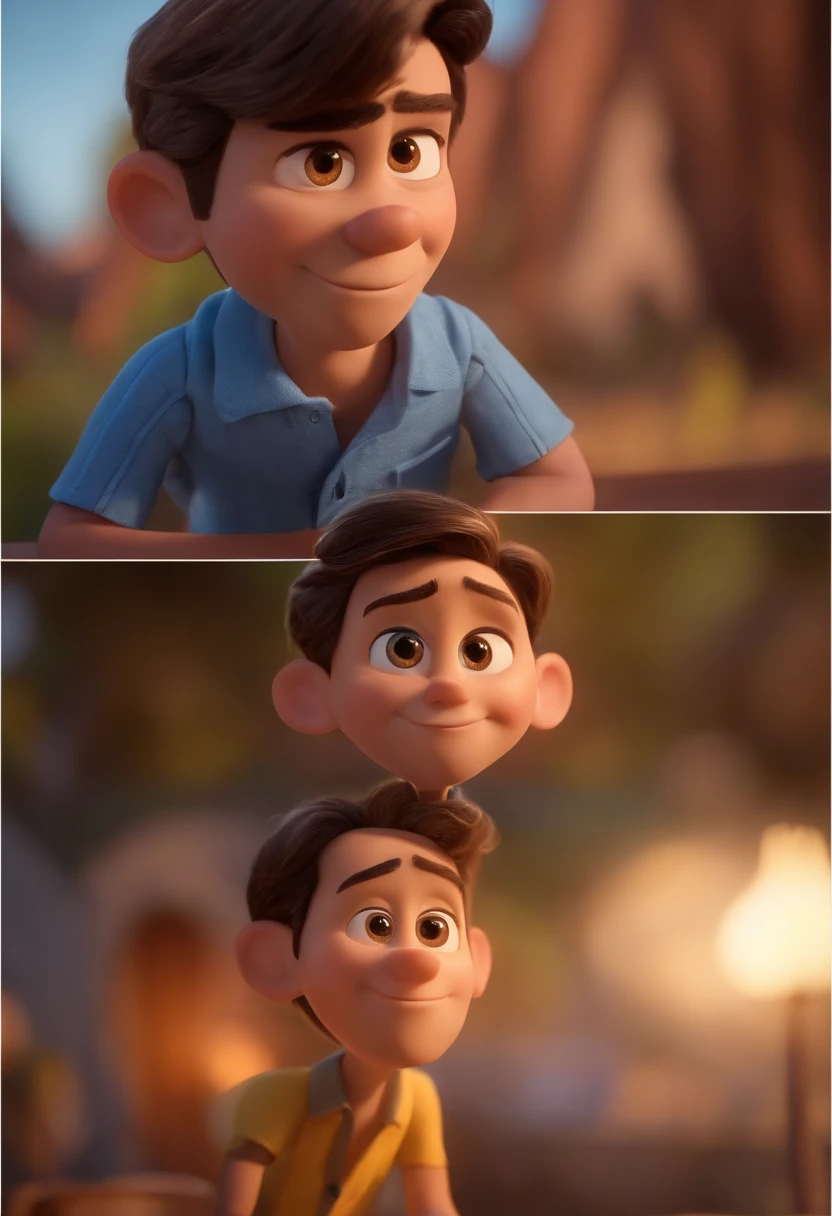 Garoto, estilo disney, tom de pele: claro:  Cabelo: marrom escuro, liso, curto, penteado para o lado direito. camisa: social, Cor azul. Fundo: Gray and white gradient,Comemorando, Hands raised, sorrindo, feliz, (estilo pixar) (obra-prima:1.2) (bokeh) (melhor qualidade) (pele detalhada) (textura detalhada) (8k) (claymation) (cinematic lighthing) (foco nítido