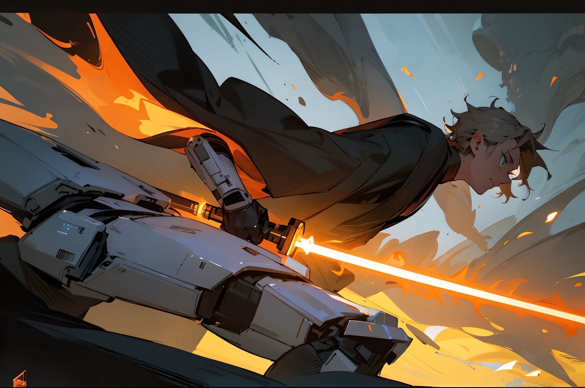Jedi ready to fight, jedi, main character is a jedi, holding a lightsaber, star wars, yellow lightsaber, jedi surrounded by stormtrooper army, ominous, ((masterpiece)), ((highly detailed)), stylised marvel comic, dark weather, star wars starship in the sky, cinematic camera angle, before battle, explosions in the distance.