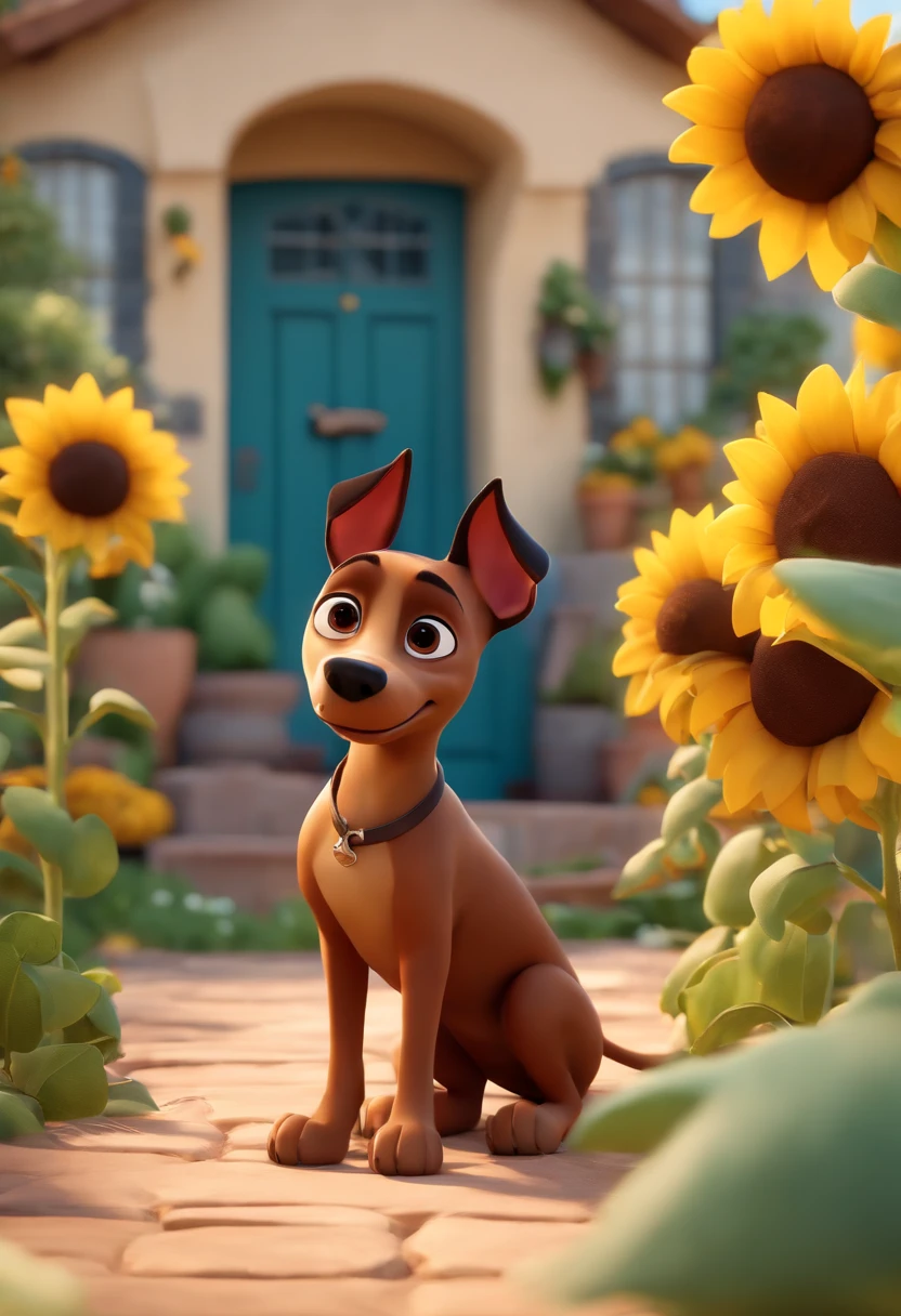 Create a Disney PIXAR style 3D poster. ((center of image,)), ((1 dog)) ((1 dog of the Pinscher breed with dark brown skin with a naked belly and chest with large brown eyes with tears but the body and head is small)) ((all this in Disney PIXAR 3D style, In the background, a house of sunflowers, Gloria Studio, The garden is full of nature 3D render RTX clay material, cartoonish design style, POP Mart, soft lighting, soft lines, Tilt of spring, Detailed PIXAR 3D illustrations, Hyper-realistic details, warm color in Disney PIXAR 3D style))