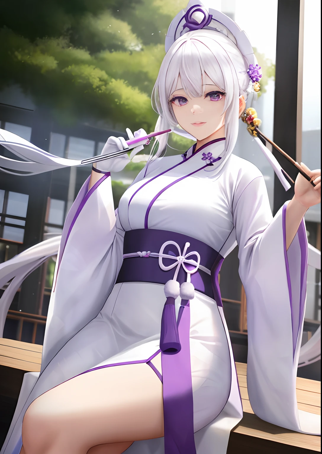 A woman,White hair,Wear purple Hanfu,Wear long white gloves
