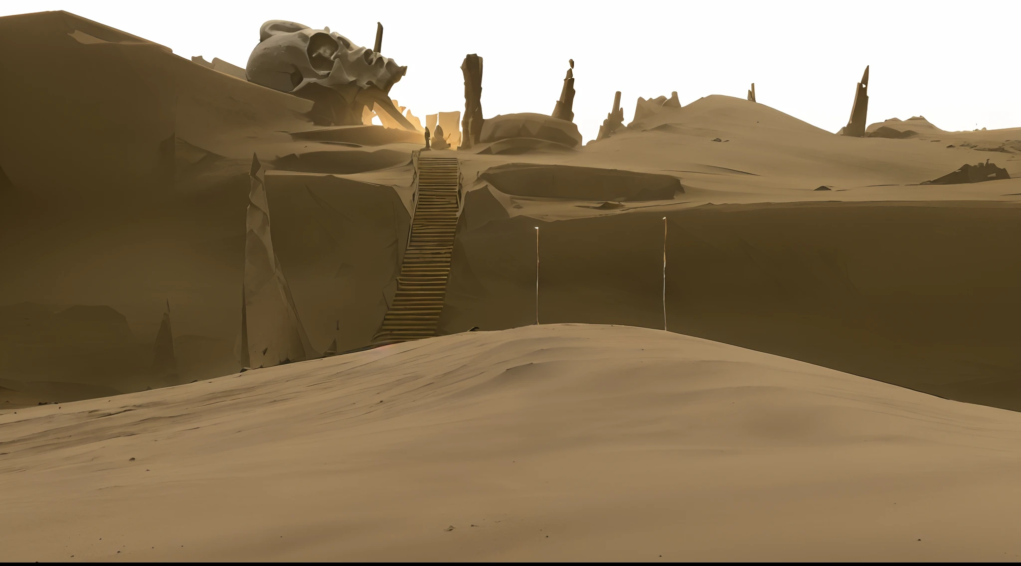 desert market building with lots of goods, lots of tents, sand and stone road, lots of tied ropes, lots of tables, lots of tall stone statues, lots of flags tied on ropes, Makoto Shinkai style render, anime style, 2D style render, bones and skulls, sand dunes, cloth roofs, wooden posts,