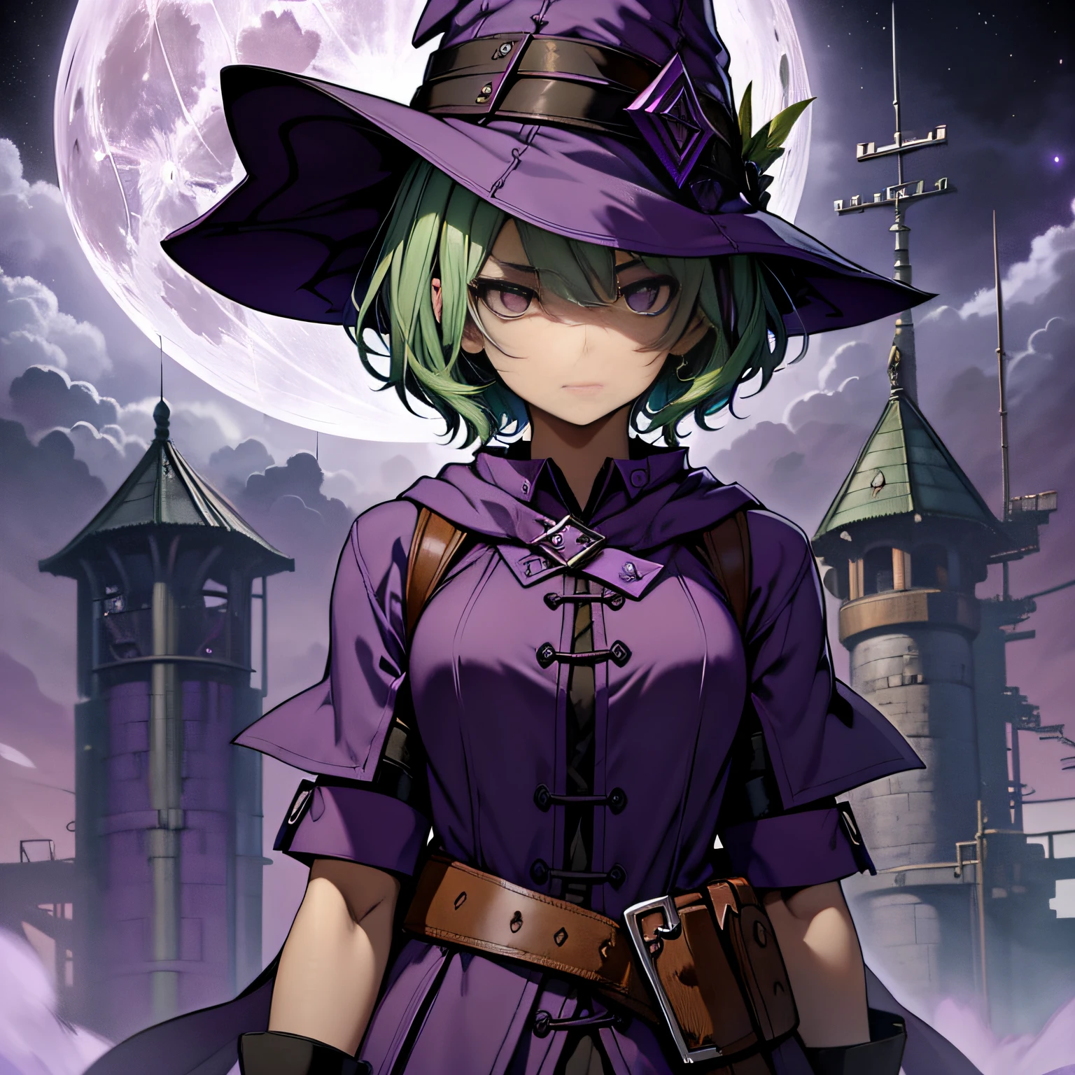 top-quality、extremely delicate and beautiful、(A teenage girl)、Purple Eye、Green hair、short-haired、(purple witch hat)、Purple tie、Tactical Vest、Soio、shortsleeves、Purple skirt、Purple Wizard Robe、Navel、is standing、Facing the front、Expression of hatred、Full moon night on background、Only eyes