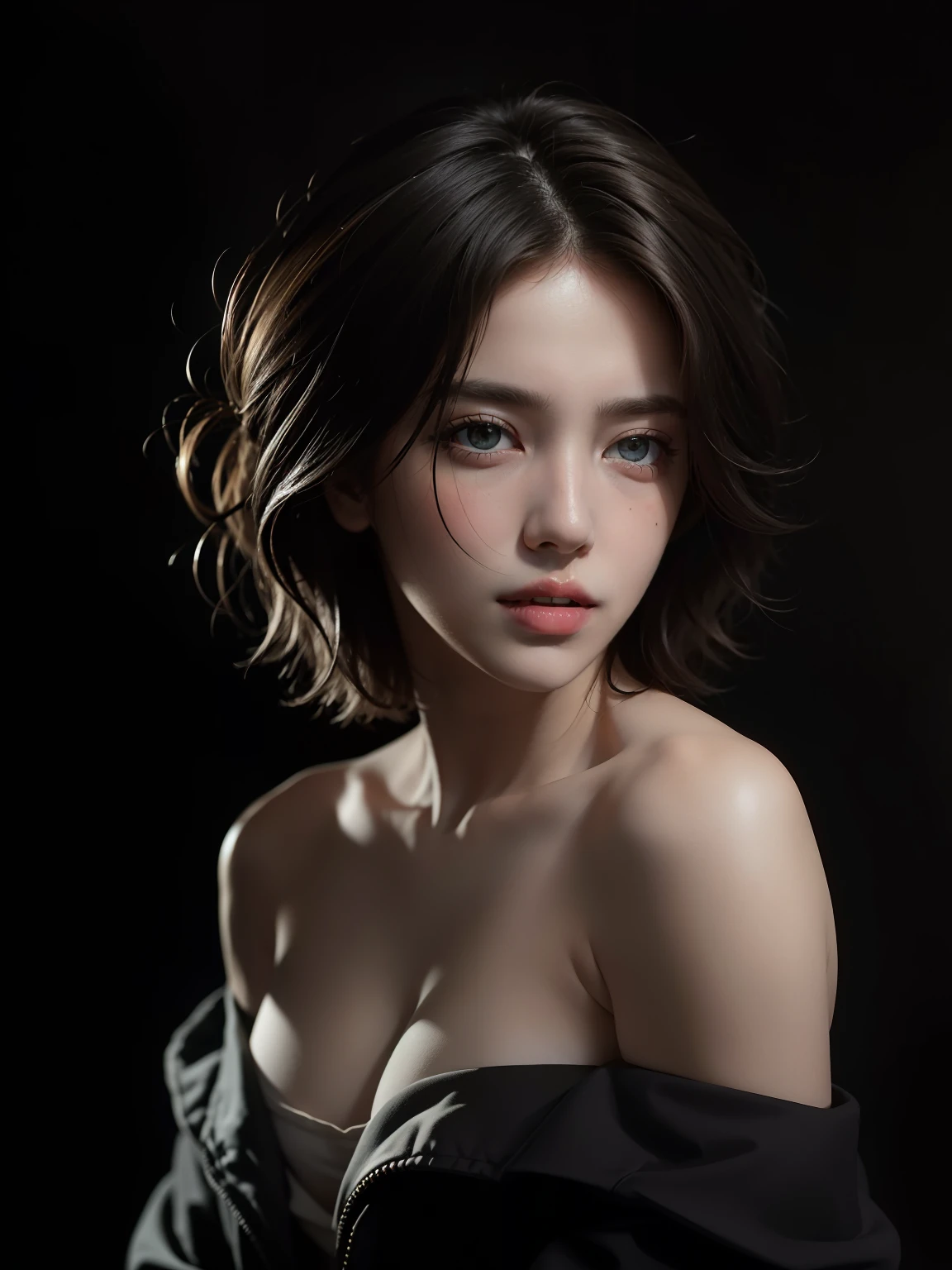 Best quality, masterpiece, ultra high res, (photorealistic:1.5), raw photo, 1girl, offshoulder, in the dark, deep shadow, low key, cold light, sexy look, short hair