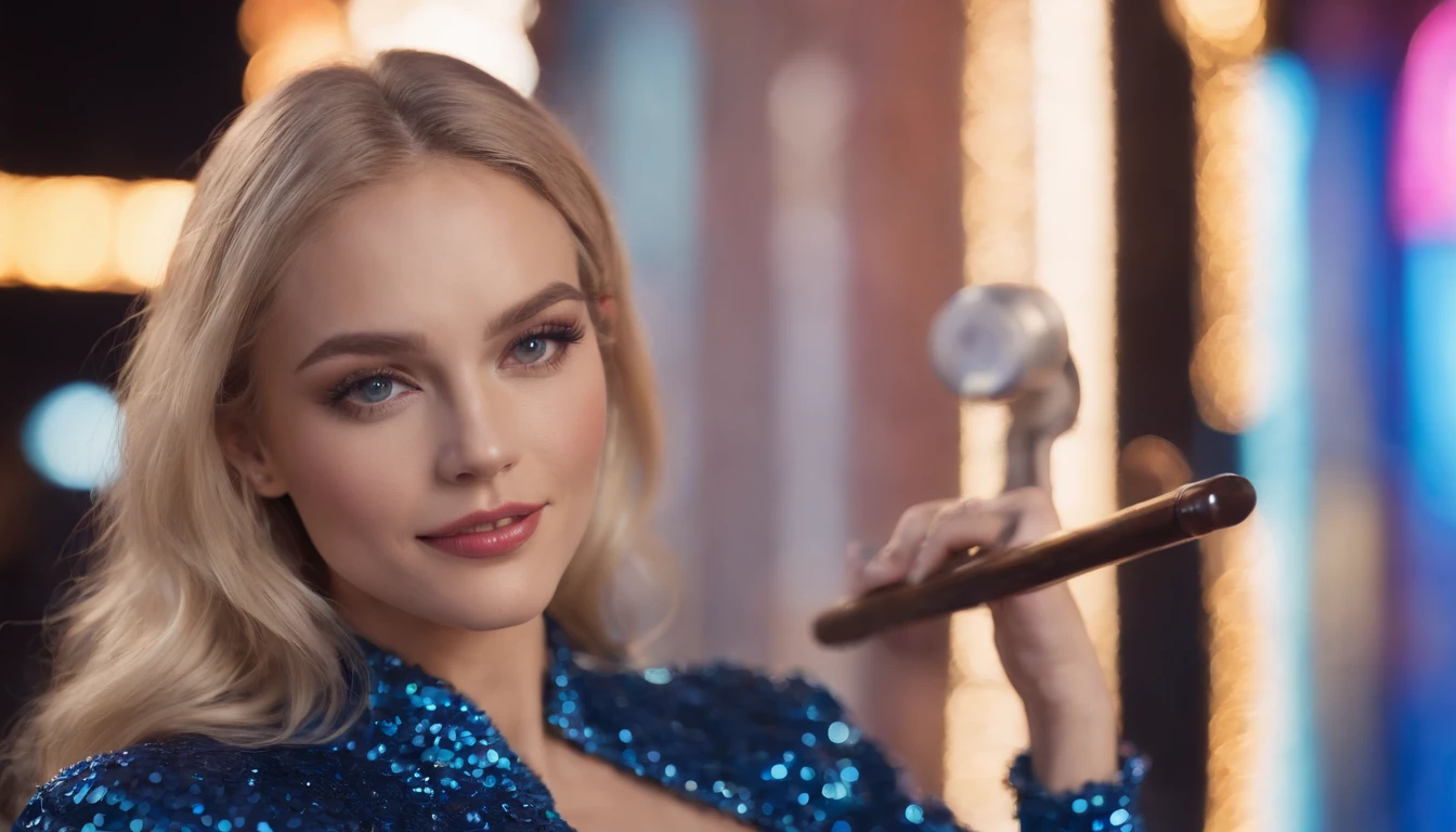 A sexy woman in blue sequins sits with a cane on her cheek, smiling as she looks at me against the colorful neon lights of New York City The woman has beautiful blonde hair and clear blue-gray eyes、Double eyelids、Slightly open mouth、Fleshy lips、perfectly proportions、perfect hand、Have perfect feet