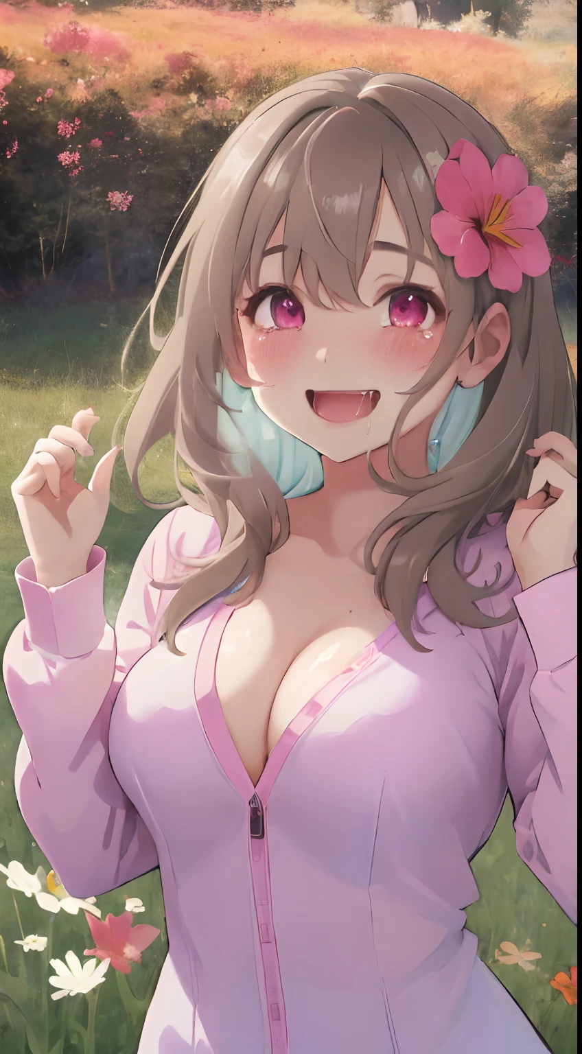 Green steppe,flower field,cosmos,fluffy hair,Multiple people,A dark-haired,White and brown and light blue and pink,Autumn outfit,Bukabuka Long Sleeve Clothing,I'm glad I was able to jump as much as I could.,huge smile,I'm glad to drool,AHE Face,Tears but a happy face,My face turns bright red with embarrassment,Chest is shaking,Chest wide open,Clothes show through and underwear looks thin,white liquid on face and breasts,