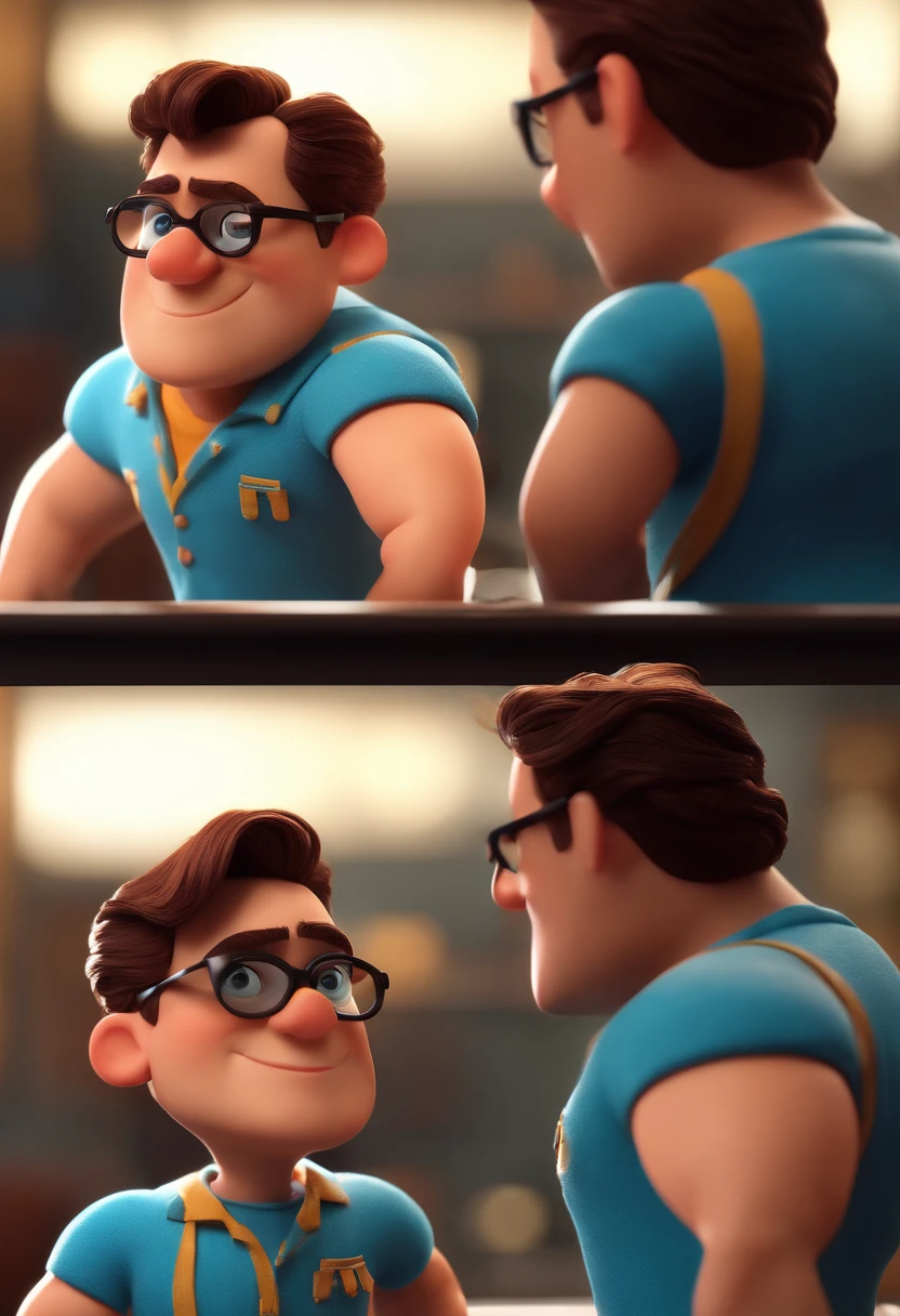 Cartoon character of a man with black glasses and a blue shirt, animation character, Caractere estilizado, animation style rendering, 3D estilizado, Arnold Maya render, 3 d render stylized, toon render keyshot, Personagem 3D, Personagem 3D, 3d rendering stylized, 3 d character render, personagem de desenho animado, Personagem de close up, Pose de personagem, (Estilo Pixar) (master part:1.2) (Bokeh) (best quality) (pele detalhada) (textura detalhada) (8k) (argila) (Cinematic lighting) (foco nítido