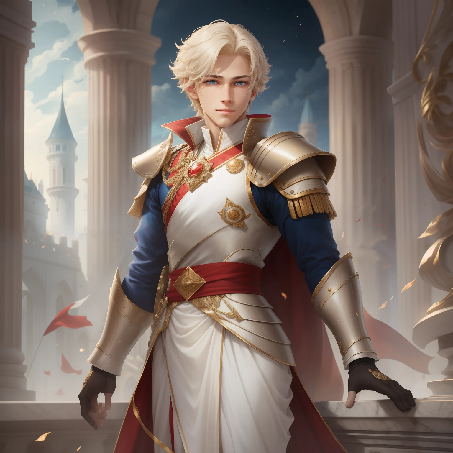 Handsome young Prince, 14 years old, blond hair almost white in the wind, a military-style outfit in light armor with mostly white and red fabric with gold and blue details, with a bold look and a smile of one who looks to a promising future, eyes with red iris, with a real look, at night, in a white marble Castle Tower,  Masterpiece, super thin photo, Full body portrait, vibrant eyes, very detailed background, detailed face, detailed and complex busy background, realistic skin details, visible pores, sharp focus, 8k uhd, dslr, high quality, light skin, photorealism